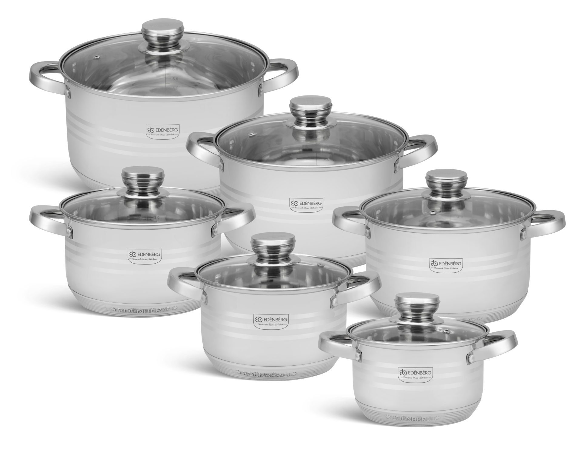 Edenberg Topf-Set Edelstahltöpfe in 6 verschiedenen Größen, große und kleine Кастрюли, Aluminium, Edelstahl, Glas (Entdecken Sie zeitlose Eleganz und höchste Funktionalität mit diesem hochwertigen Topfset aus rostfreiem Edelstahl – die perfekte Wahl für anspruchsvolle Köche und stilvolle Küchen!, 12-tlg., Zeitloses Design des Topfsets. Eine ideale Geschenkidee)