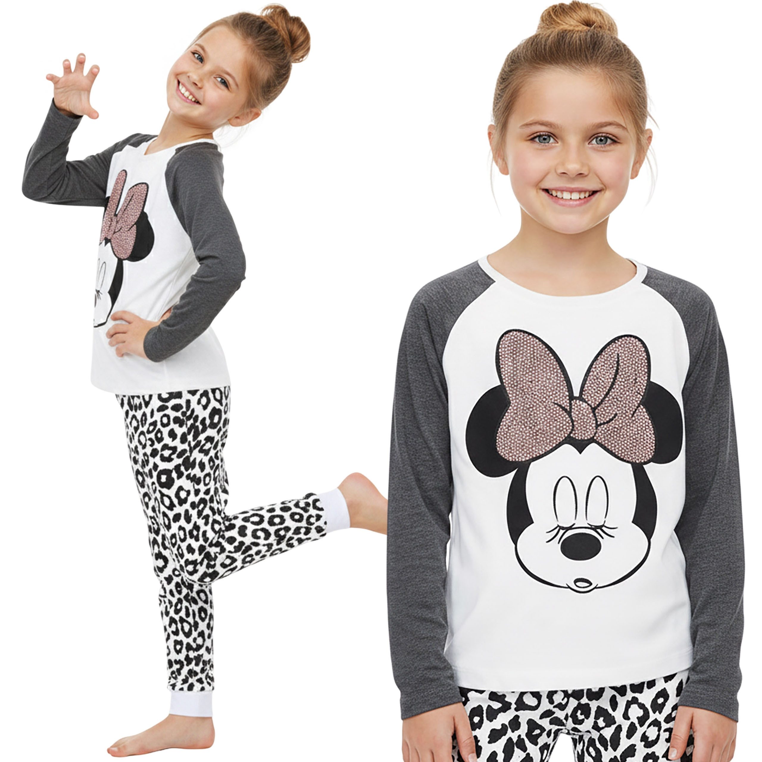 Disney Schlafanzug Disney Minnie Maus Pyjama Mädchen, Baumwolle, Leopard, Pailletten