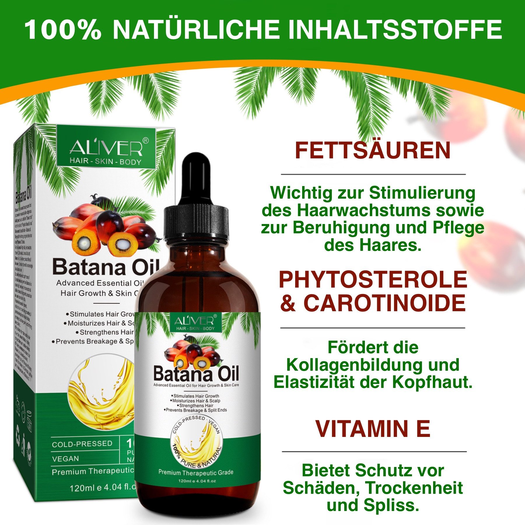 ALIVER Haaröl Batana Öl für Haare Haarwachstum Gesicht Haut Nägel Vegan 120ml, 1-tlg., 100% natürliche Inhaltsstoffe, Alkoholfrei, Ammoniakfrei