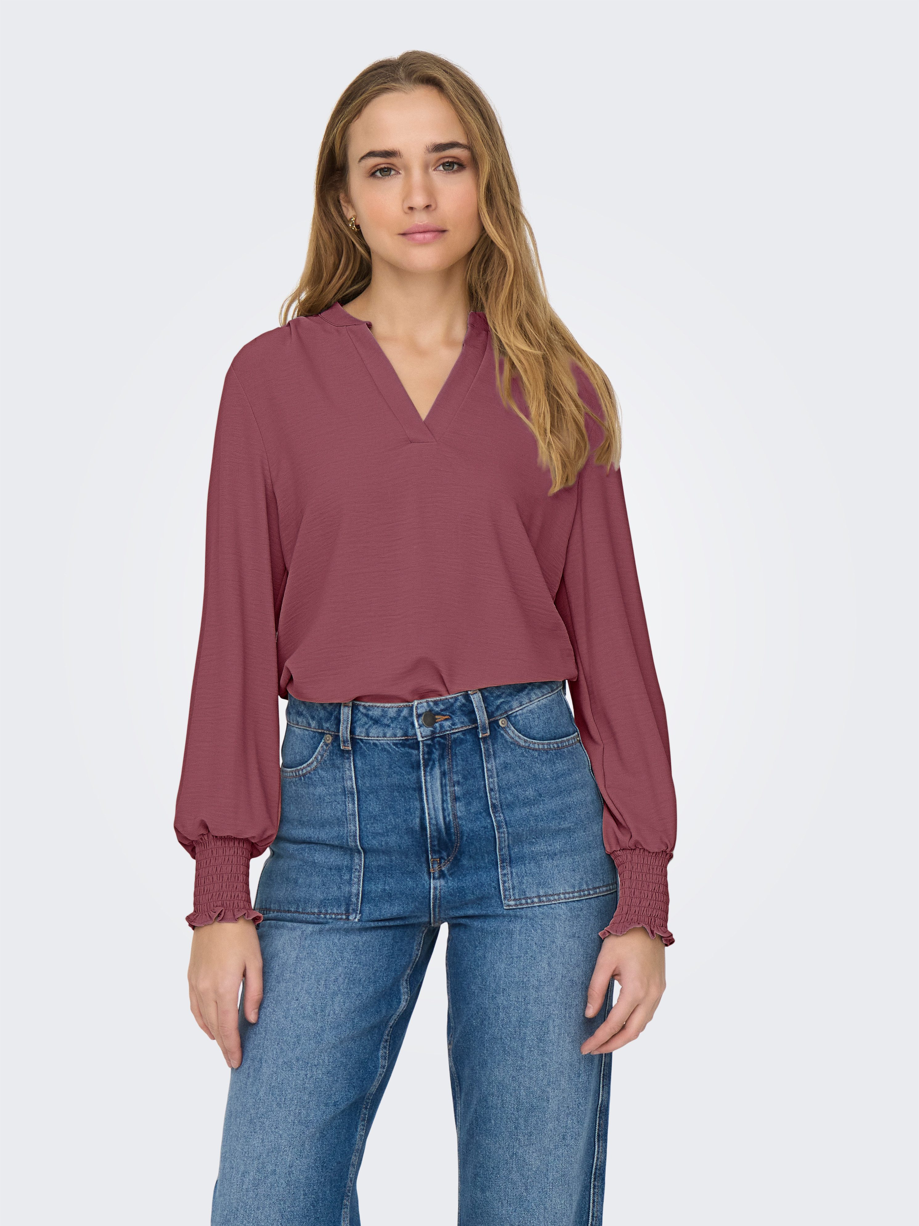 ONLY Blusenshirt ONLMETTE V-NECK LS SMOCK TOP NOOS WVN Kunstfaser, regular fit