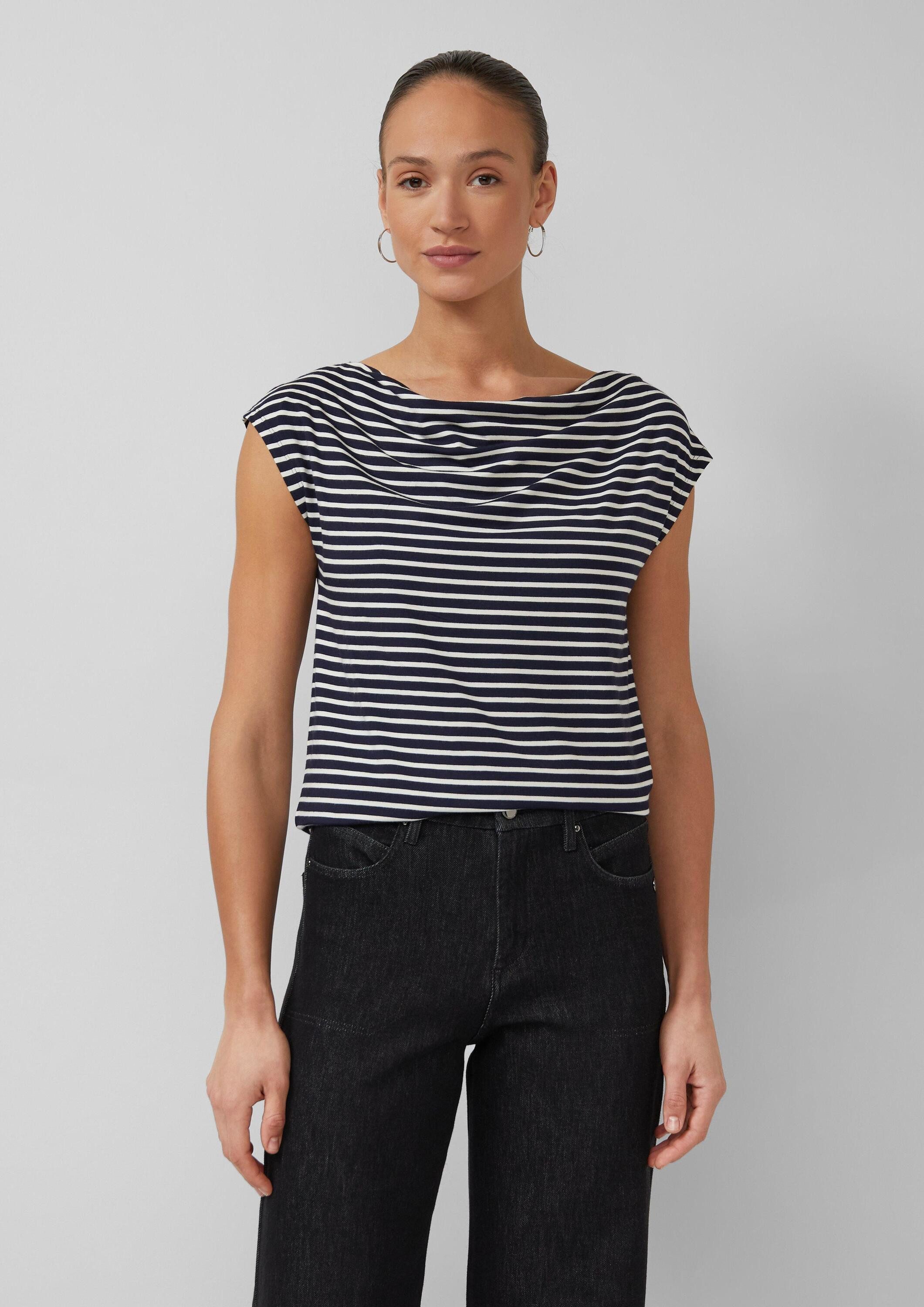 s.Oliver Kurzarmshirt T-Shirt Viskoseshirt mit Wasserfall-Ausschnitt und Streifen