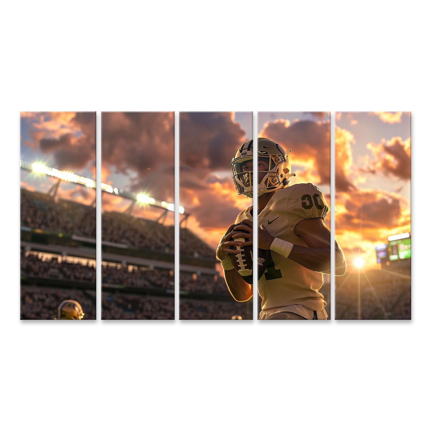 islandburner Leinwandbild, Footballspieler im Sonnenuntergangsstadium