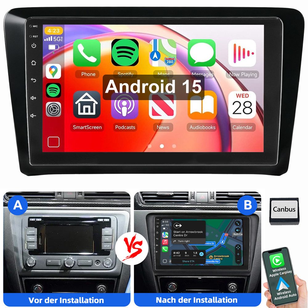 ESSGOO Für Skoda Rapid Spaceback Android 15 Carplay GPS Navi WIFI Autoradio (RDS, Digitalradio (DAB), FM, AM, Carplay Android Auto SWC WIFI BT)