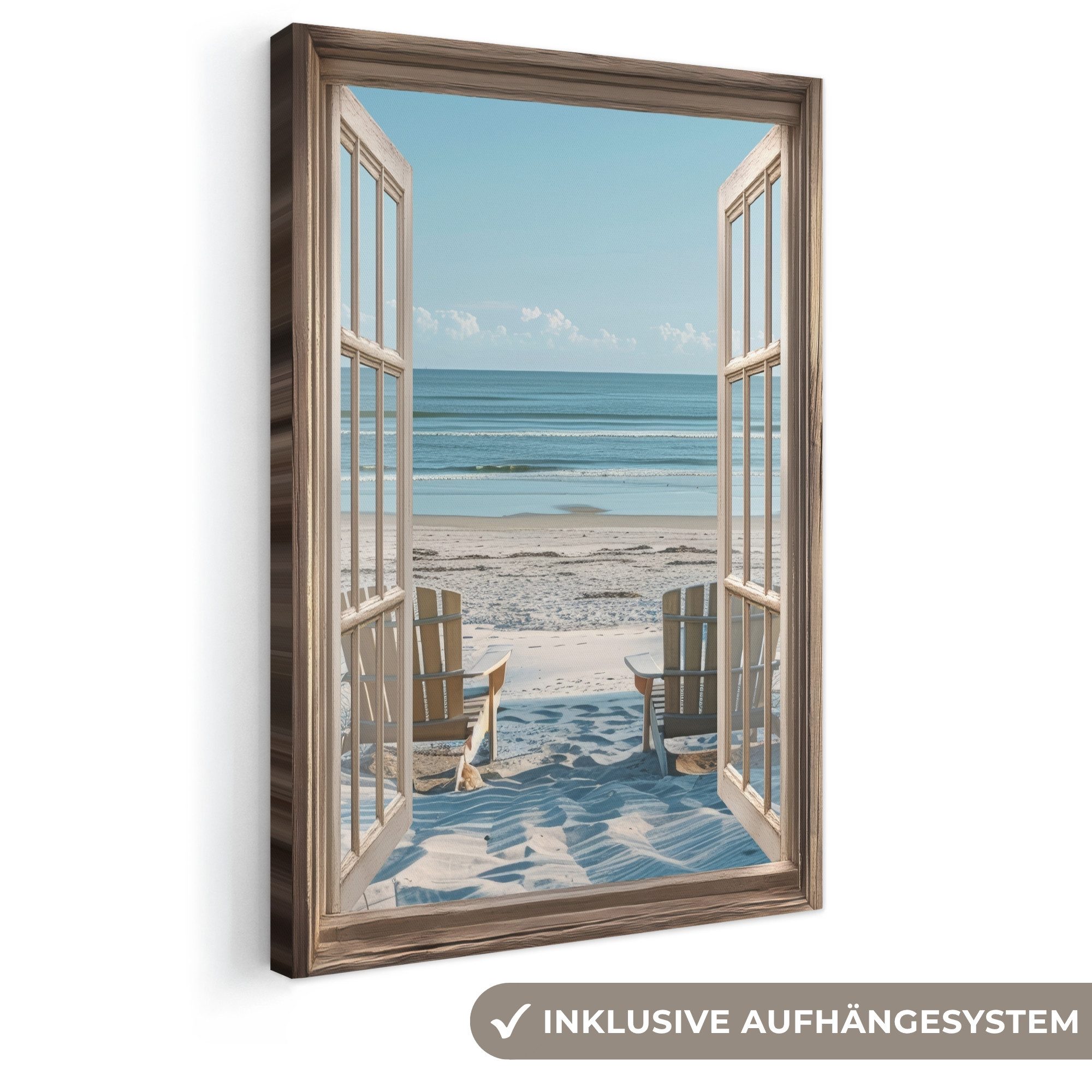 OneMillionCanvasses® Leinwandbild Fensterblick - Fenster - Strandkörbe - Dünen - Meer - Natur, Fotodruck (1 St), Leinwand Canvas Wandbild, Wanddekoration 20x30 cm