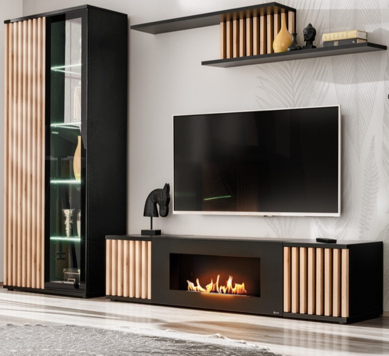 Furn.Design Lowboard Morgan (TV Unterschrank mit integriertem Kamin, B/H ca.: 163/42 cm), mit 3D Lamellen