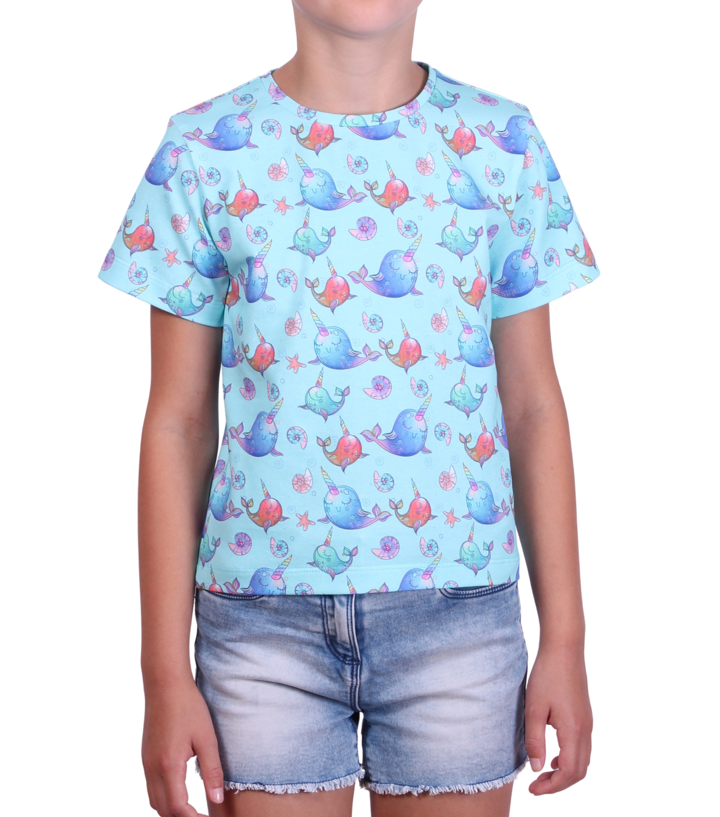 coolismo T-Shirt Mädchen Kurzarmshirt mit Einhornfisch-Druck in Türkis aus Baumwolle