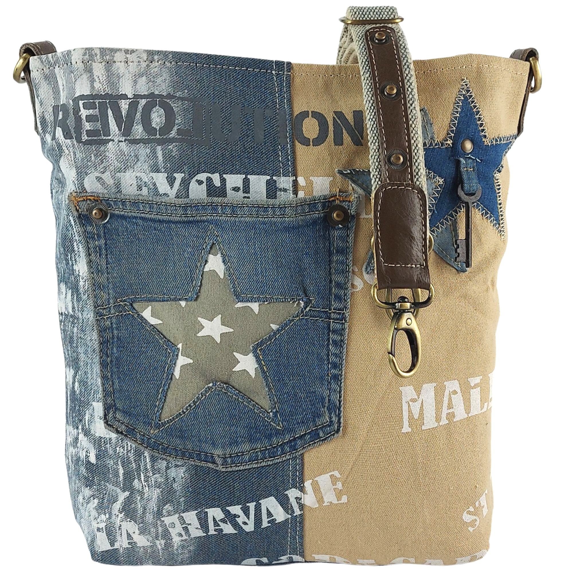 Sunsa Umhängetasche Damentasche, Nachhaltige Schultertasche, Vintage Tasche, Vintage Stil, Nachhaltige Tasche aus recycelte Jeanshose
