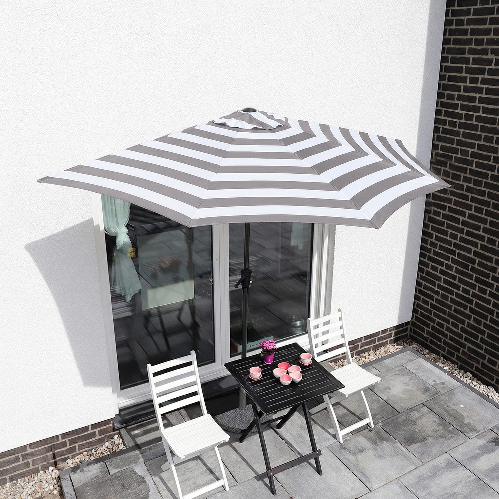 Sekey Sonnenschirm 270 cm Sonnenschirm Streifen Halbrund Terrassenschirm mit Kurbel, Halbrundschirm für Balkon, Garten, Hof, Restaurant, Café, Biergarten