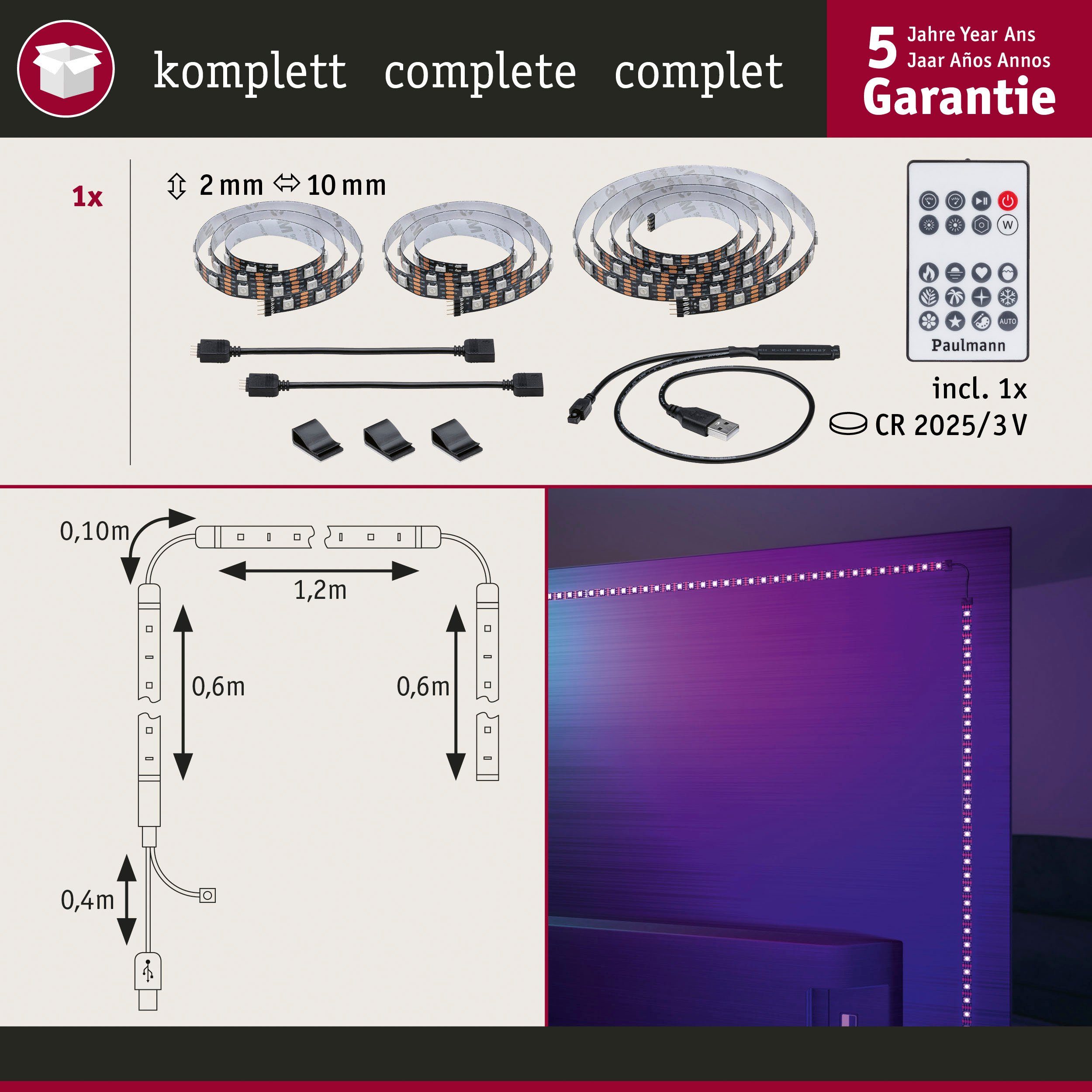 Rainbow 1-flammig RGB TV-Beleuchtung Dynamic Paulmann 65 Strip USB LED-Streifen 2,4m LED 4W, Zoll