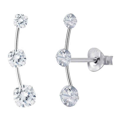 LÖB Paar Ohrstecker Ohrringe 925 Silber Stecker Drei Zirkonia Bogen, Damen Ohrstecker mit Glitzer Strass Steinen Ear Cuff Ohr Kletterer Lang Braut Brautschmuck Minimalistisch Modern