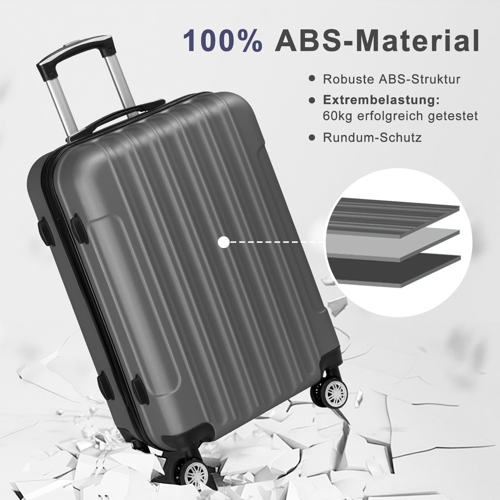 LALAHO Trolley Kofferset Hartschale Reisekoffer, 360° Rollen, 4 Rollen, 4er Set Handgepäck, moderner Koffer, Dunkelgrau – Bild 5 von 5