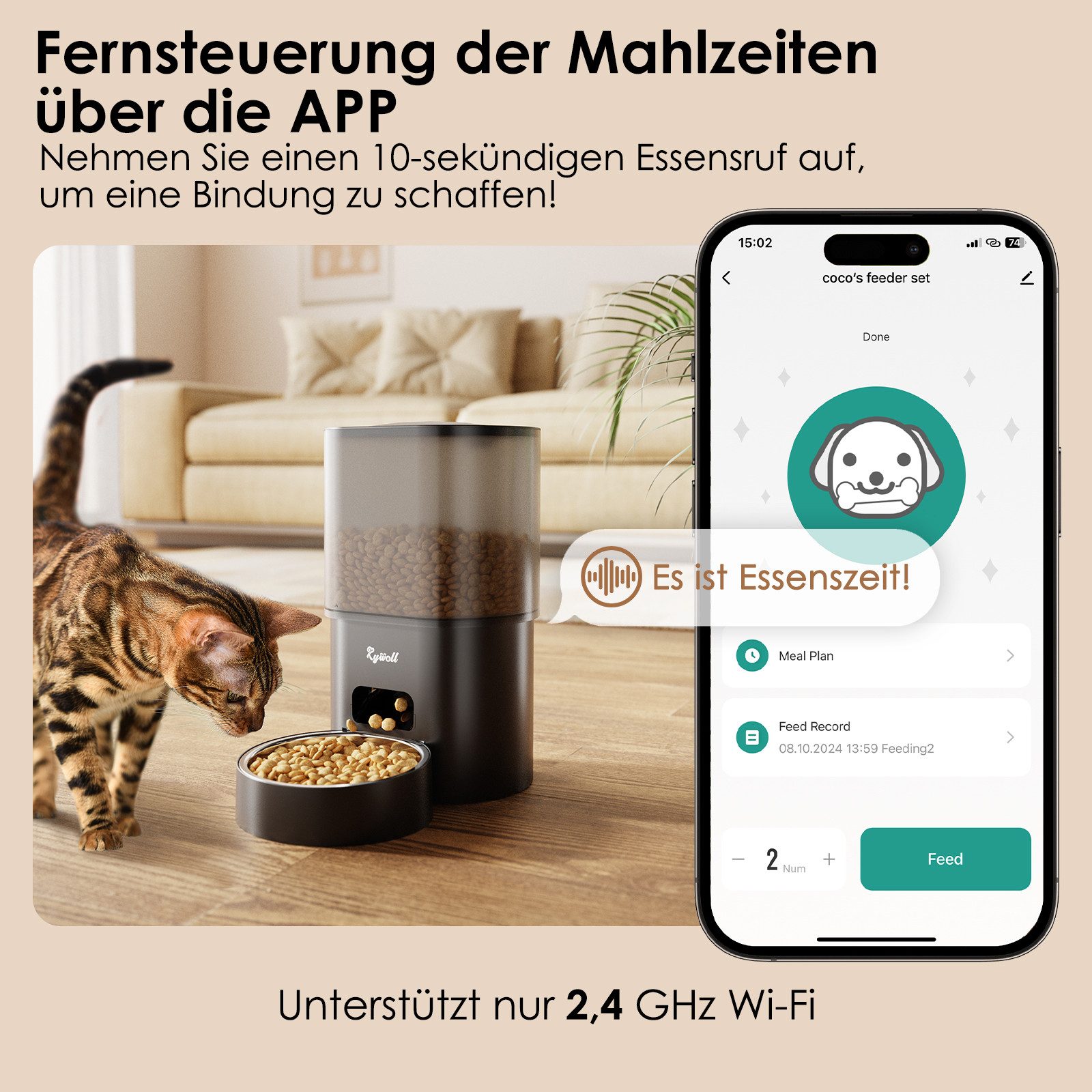 Rywell Katzen-Futterautomat 2-in-1 Futter- und Wasserspender für Haustiere, Intelligente APP-Steuerung, Frische-Versiegelung & Filtersystem