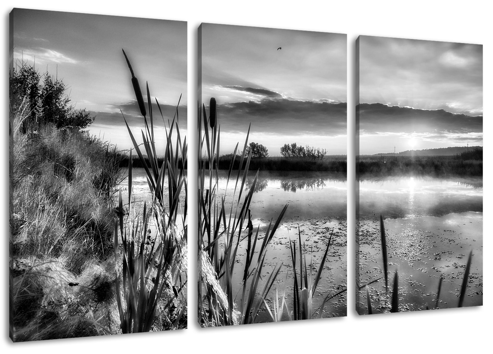 Pixxprint 3Teiler fertig Leinwandbild Morgen Sonniger See, bespannt, Zackenaufhänger am See (1 inkl. Leinwandbild St), Sonniger Morgen am (120x80cm)