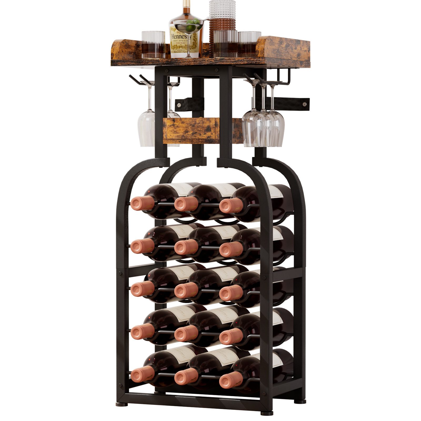 Yorbay Weinregal Vintage Design,Weinständer aus Holz für 15 Flaschen & 6 Gläser, Elegantes Weinregal für Küche, Wohnzimmer oder als Geschenk