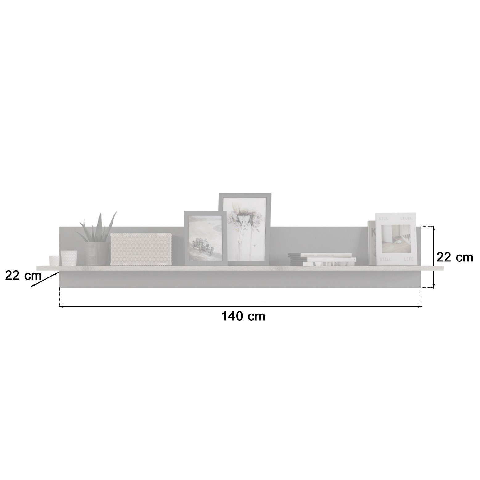 Newroom Wandboard Grau 140 cm, Wandboard Grau Eiche Modern Wandregal Bücherregal Wohnzimmer