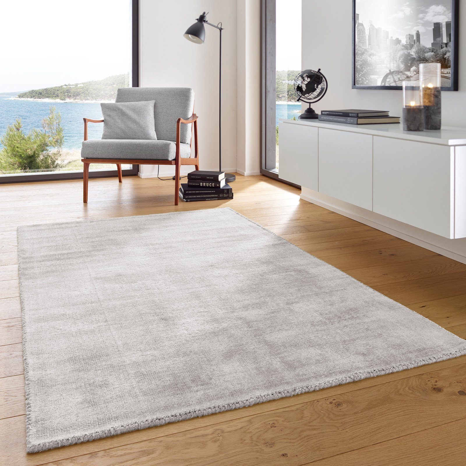 15 Viscoseteppich glänzend mm, rechteckig, Vanessa Esszimmer strapazierfähiger Wohnzimmer cm TaraCarpet Schlafzimmer Handarbeit, TaraCarpet, Kurzflor grau Höhe: 080X150 Teppich