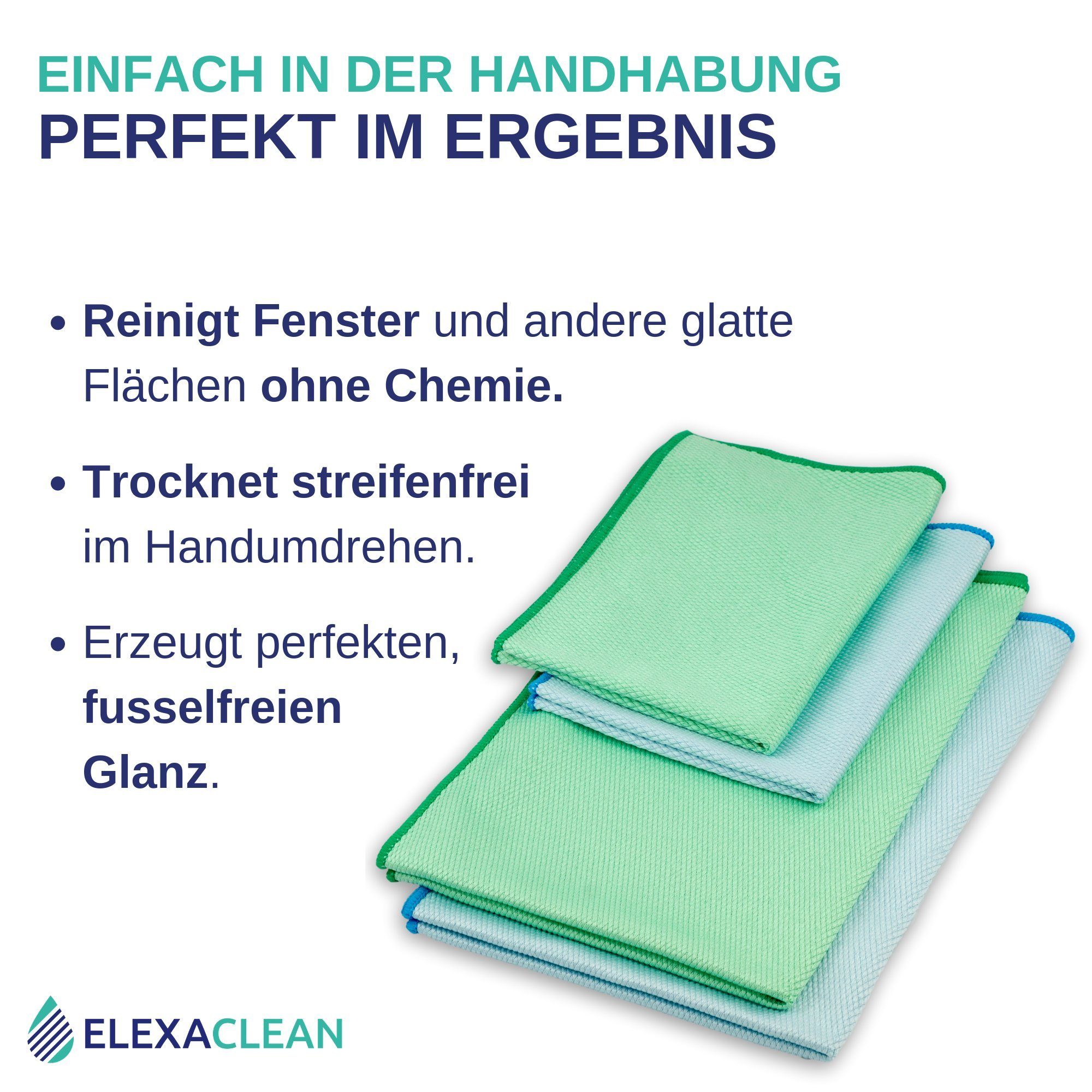 ELEXACLEAN Fenstertuch streifenfrei Scheibentuch Mikrofasertuch (Mikrofaser, Set, 4-tlg., 60x40cm & 40x30cm, grün/blau, streifenfrei ohne Chemie nur mit Wasser)