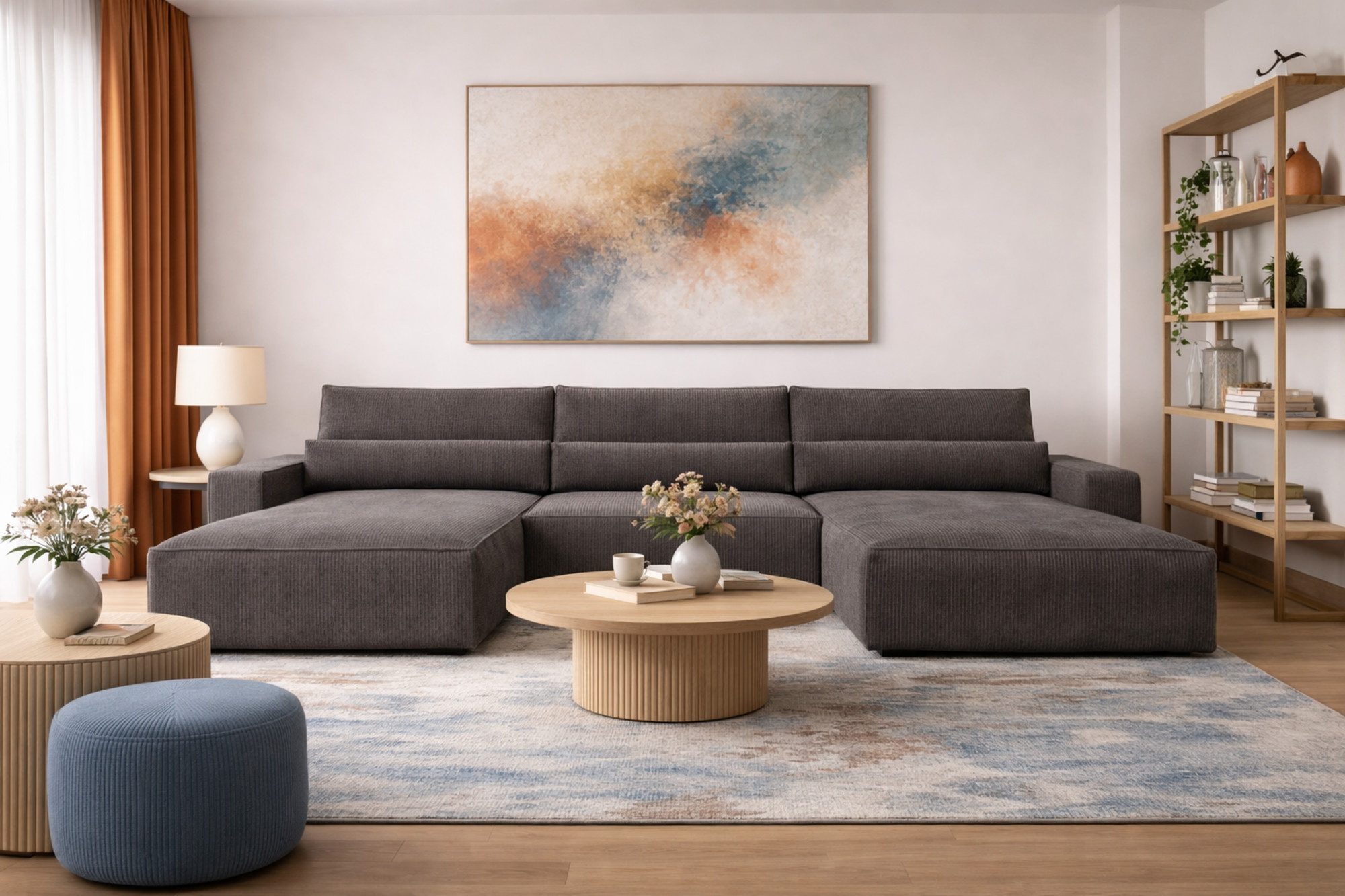 MOEBLO Wohnlandschaft DENVER U, Eckcouch aus Cordstoff Ecksofa U-Form Cord Sofa Couch Polsterecke U-Sofa - 410x85x200cm, mit Bettkasten und Schlaffunktion