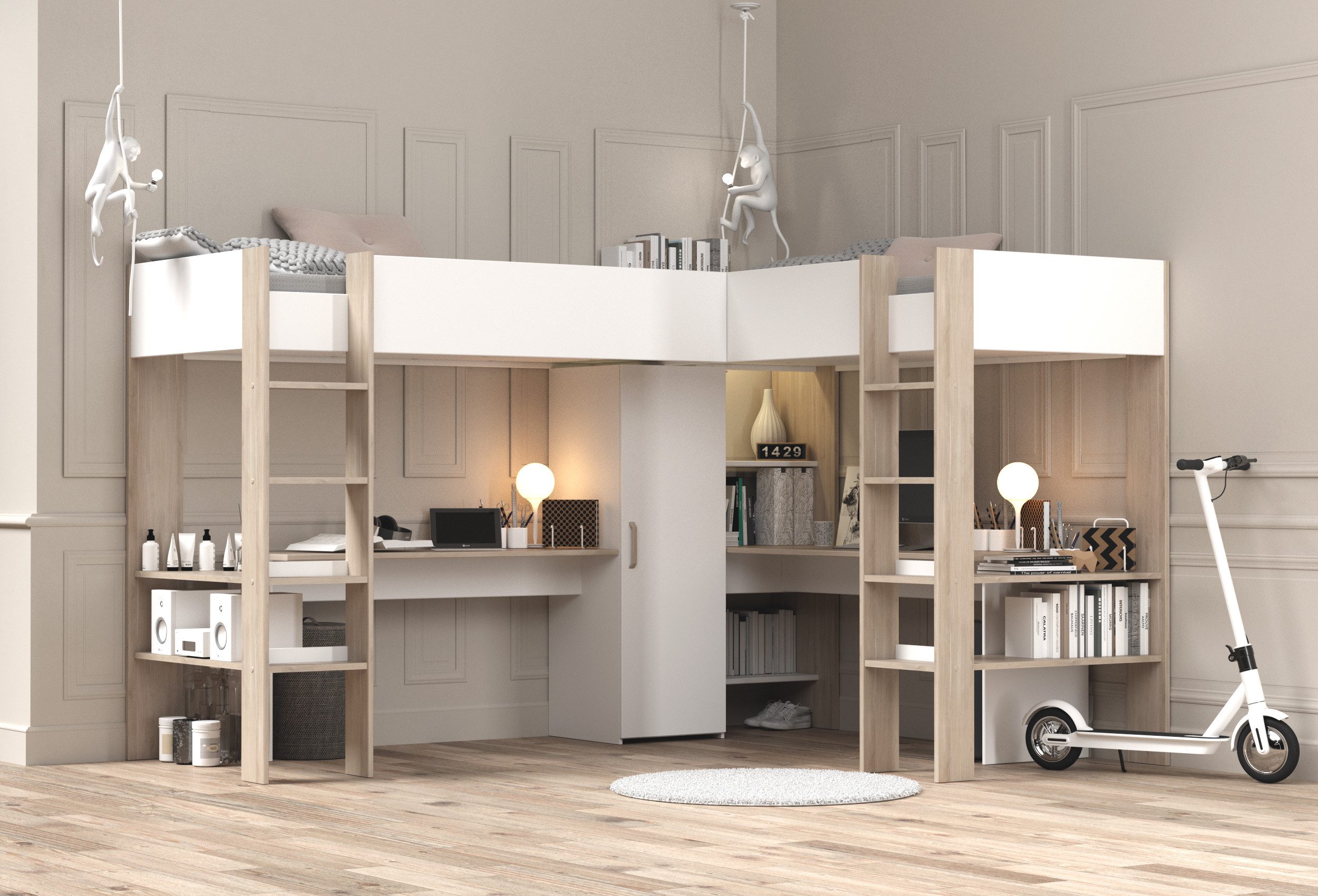 Parisot Hochbett Alex, für 2 Kinder! Maximaler Stauraum, 2 Schreibtische Doppeltes Hochbett, all in one Bett für 2!