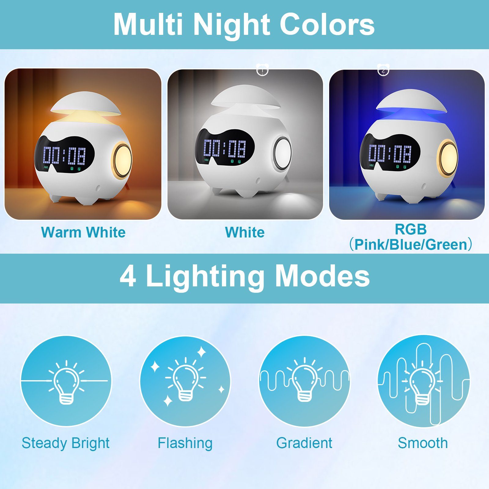 Sunicol Wecker LED Lichtwecker mit Bluetooth-Lautsprecher, Kinder Nachtlicht, USB Portable, HIFI, Tischuhr Digital Alarm, Schlaftrainer Lichter