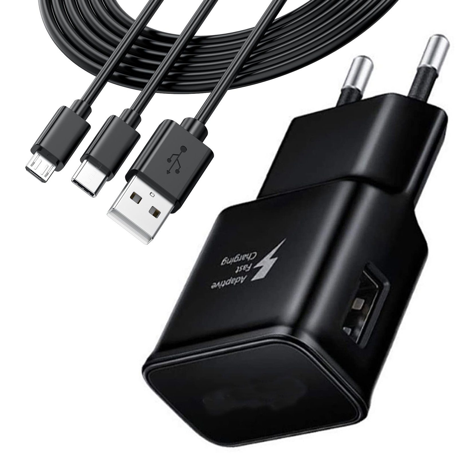 neue dawn »15W USB Ladegerät mit 2 Ladekabel (Mirco USB Kabel + USB C Kabel)  für Samsung Galaxy Z Flip 3 / A42 A31 A22 / A13 / A20E / A50 51