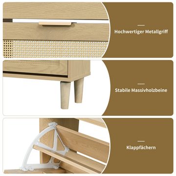 REDOM Schuhschrank aus Rattan (Maße: 100 x 25 x 90 cm) mit Metallgriffen und 4 Klappschubladen