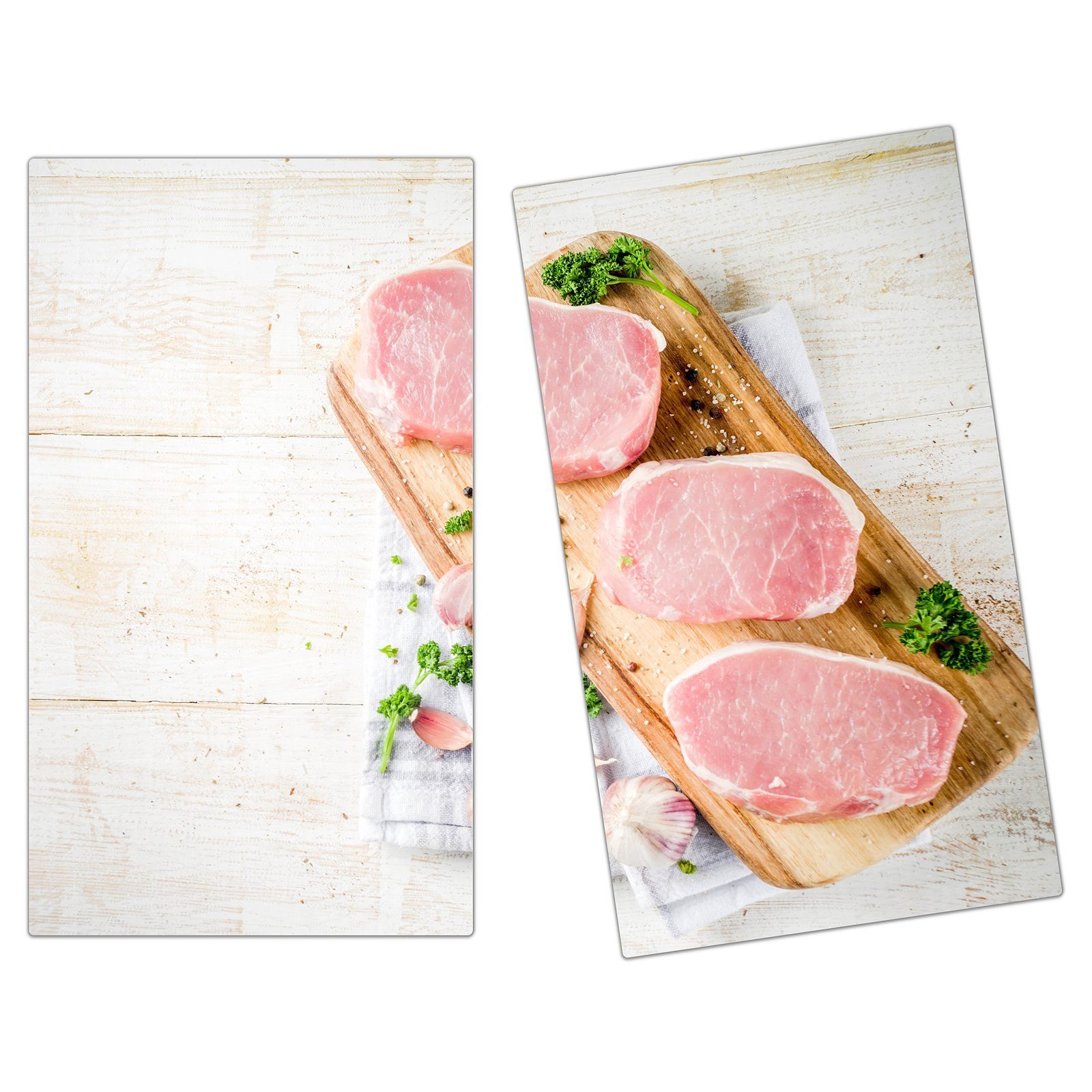 (2 aus Herdabdeckplatte Spritzschutz Glas Herd-Abdeckplatte tlg) Primedeco Schweinefleisch auf Holz, Glas,