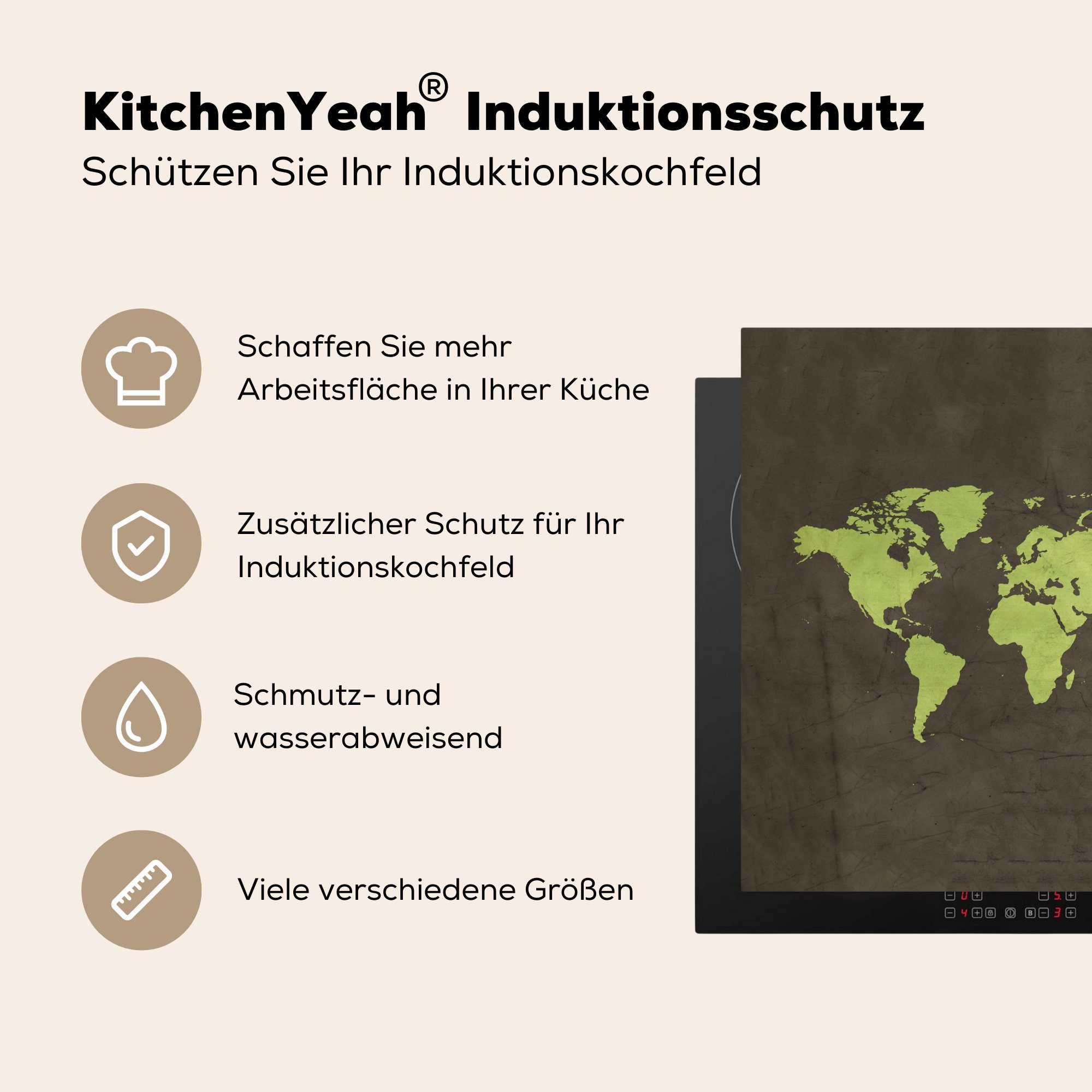 MuchoWow Herdblende-/Abdeckplatte Weltkarte - Vinyl, Topographie Ceranfeldabdeckung, Arbeitsplatte cm, küche tlg), 78x78 (1 für - Grün