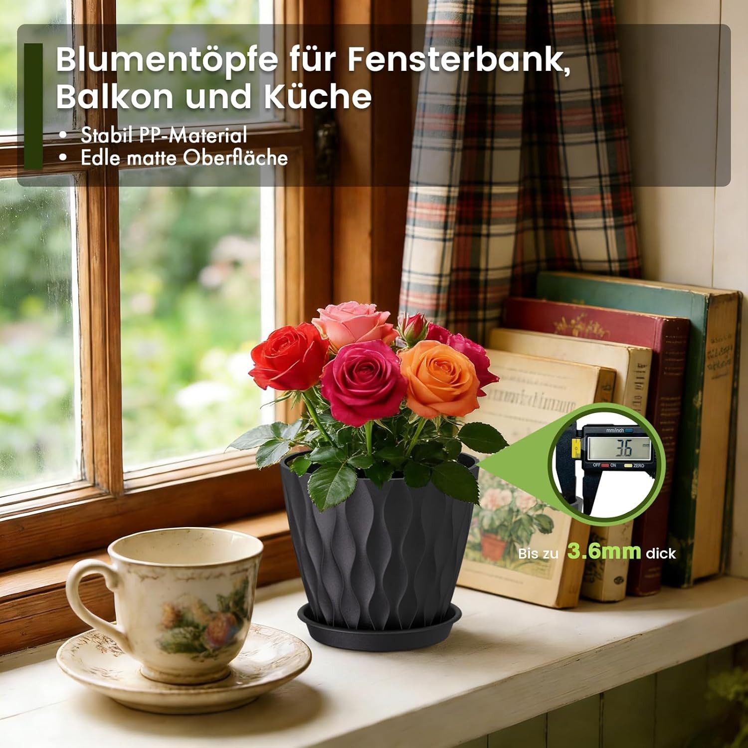 ibettertec Pflanzkübel 15 cm Blumentopf Pflanztopf, 5er Set Dick Kunststoff Pflanztöpfe (3D-Wellentextur Übertopf für Einblatt, Efeutute & Innen Außen Pflanzen, – Bild 4 von 5