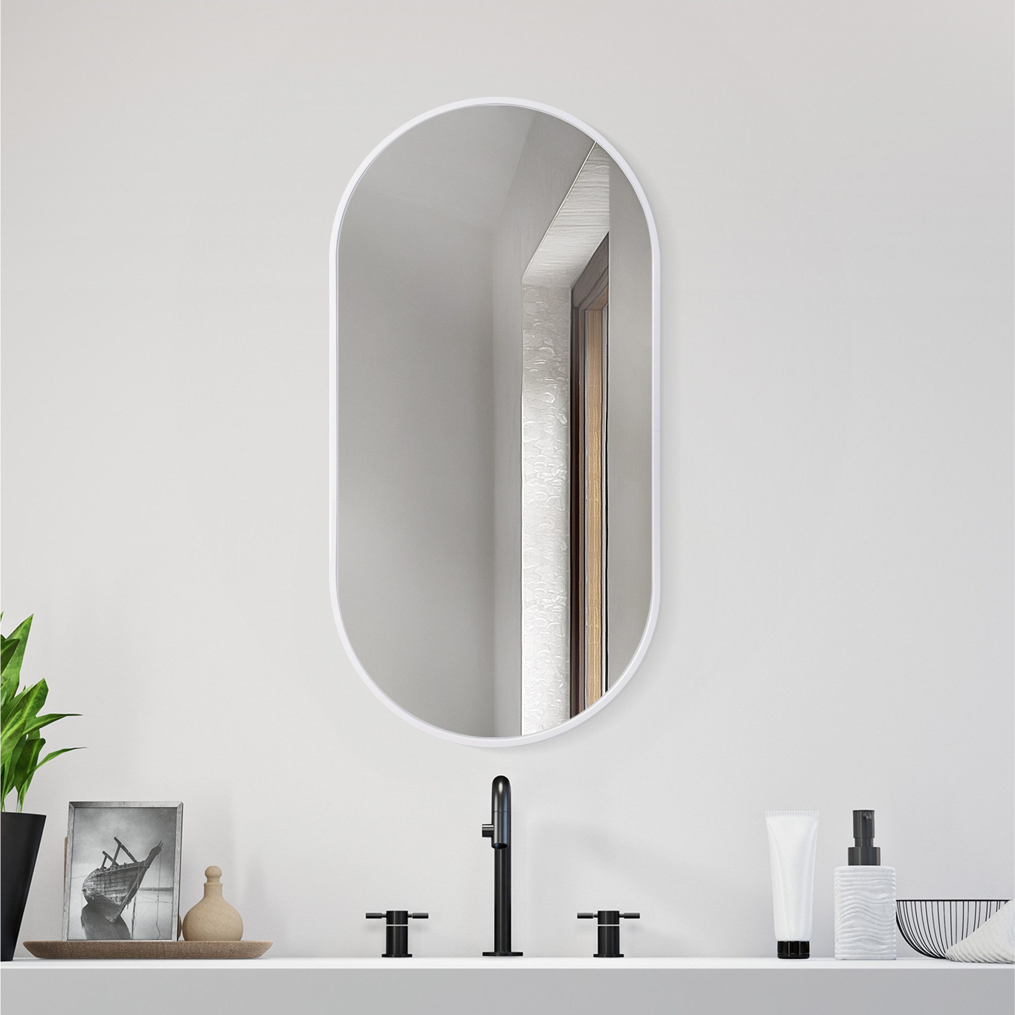 Navaris Wandspiegel Badezimmerspiegel Flur WC - abgerundete Ecken oben - Weiß (1-St), Wandspiegel oval mit Rahmen Deko Spiegel 75 x 38 x 3 cm zum Aufhängen