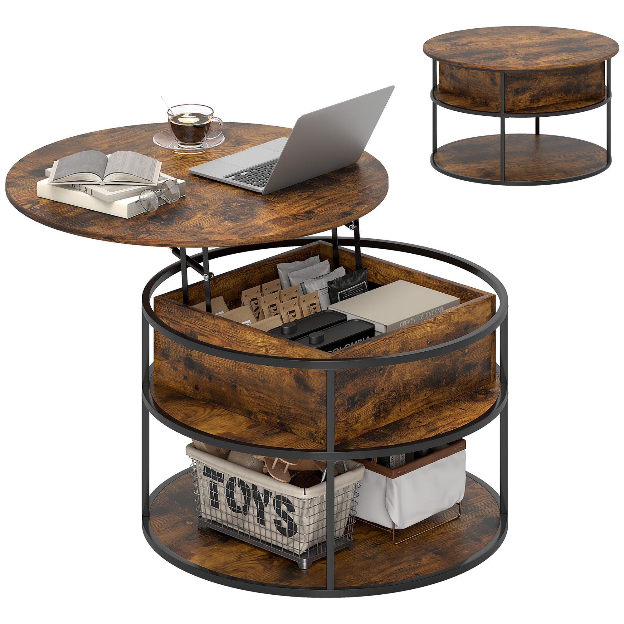 HOMCOM Couchtisch Beistelltisch mit anhebbarer Platte (runder Tisch mit Ablagefläche, verstecktem Fach, 1-St., für Wohnzimmer, Heimbüro), 80 x 80 x 47-61,5 cm, Braun