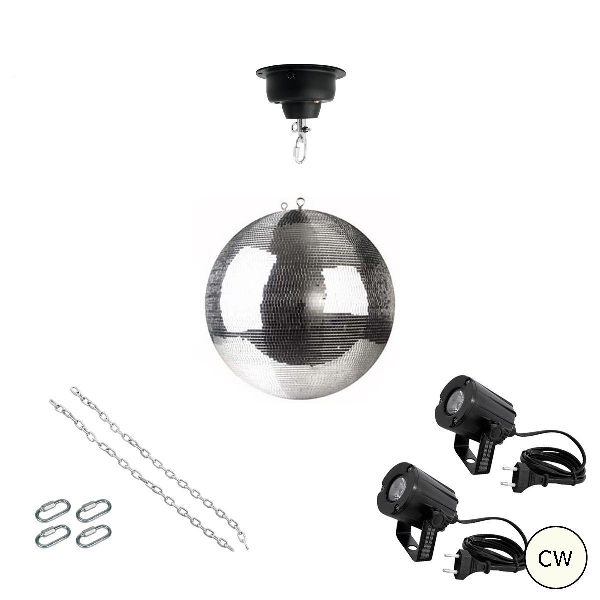 SATISFIRE Discolicht Spiegelkugel Komplettset 30cm Discokugel mit Motor 2x LED Pinspot (CW)