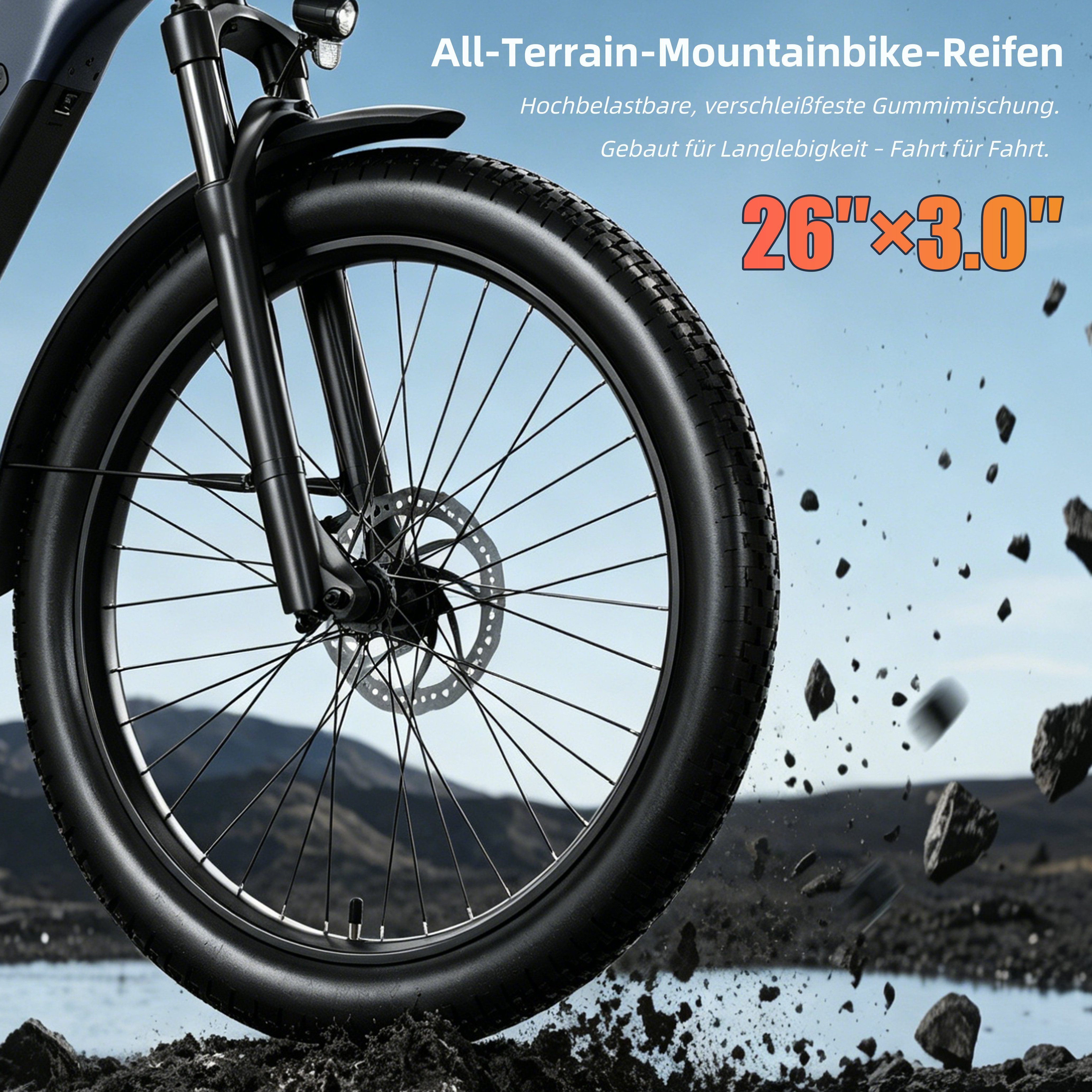 Vankel E-Bike Cityrad 26”×3,0 Zoll E-Fahrrad Damen u. Herren 720 WH Pedelec 48V 15AH 120 km, Kettenschaltung, Heckmotor, 720 Wh, (Beleuchtungsset mit Batterieladegerät, Batterieschlüssel, Werkzeug), Fat Mountain LG Akku All-Terrain Elektrofahrrad mit Drehmomentsensor