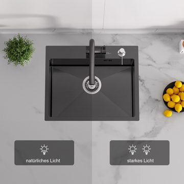 Auralum Küchenspüle Edelstahlspüle Eckig Spülbecken Einbauspüle mit Seifenspender 55x45, + Ausziehbar Küchenarmatur 360° Wasserhahn