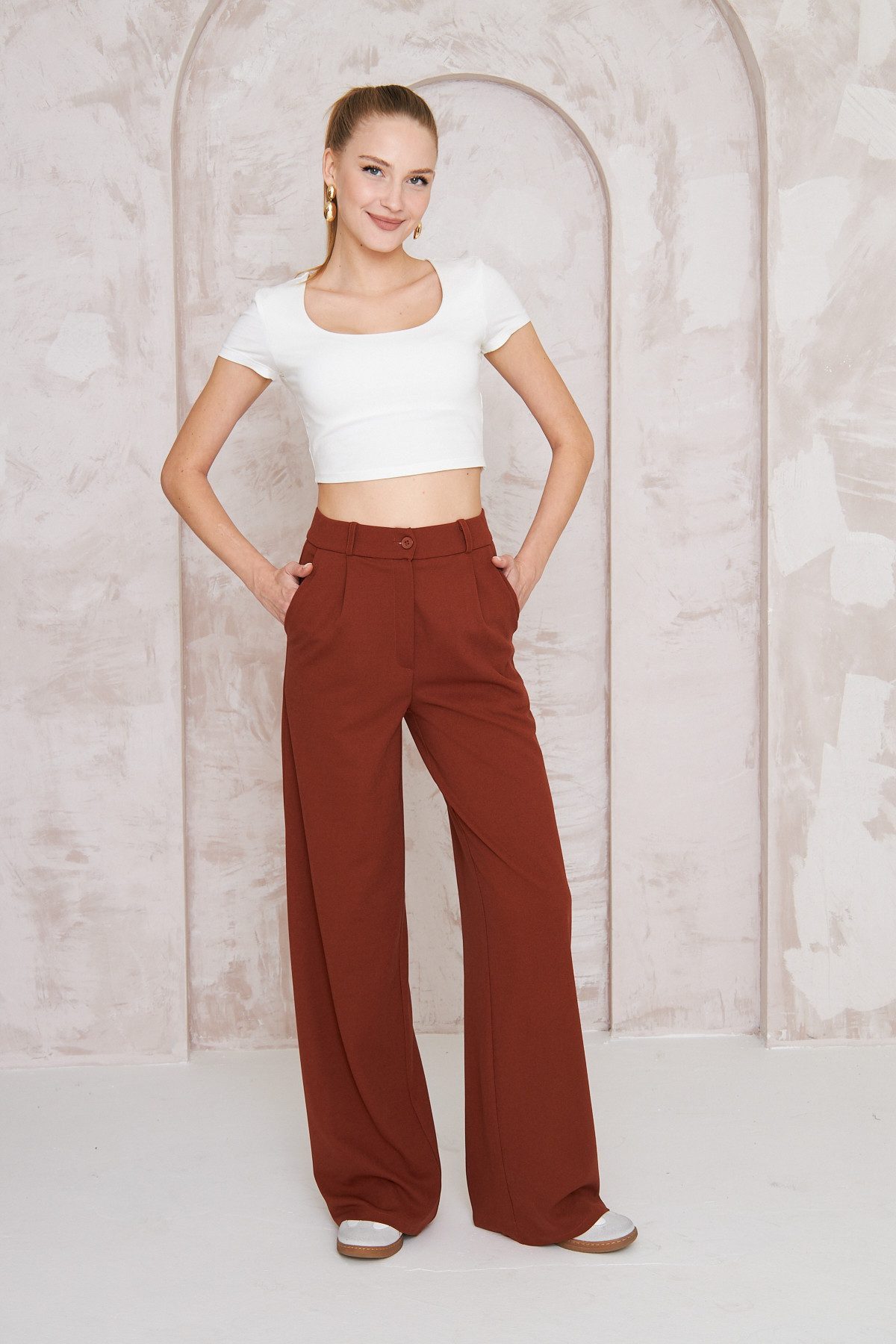 fashionshowcase Palazzohose Damen Stoffhose Marlenehose mit elastischem, hohem Bund knitterfrei, weites Bein, elastischer Bund