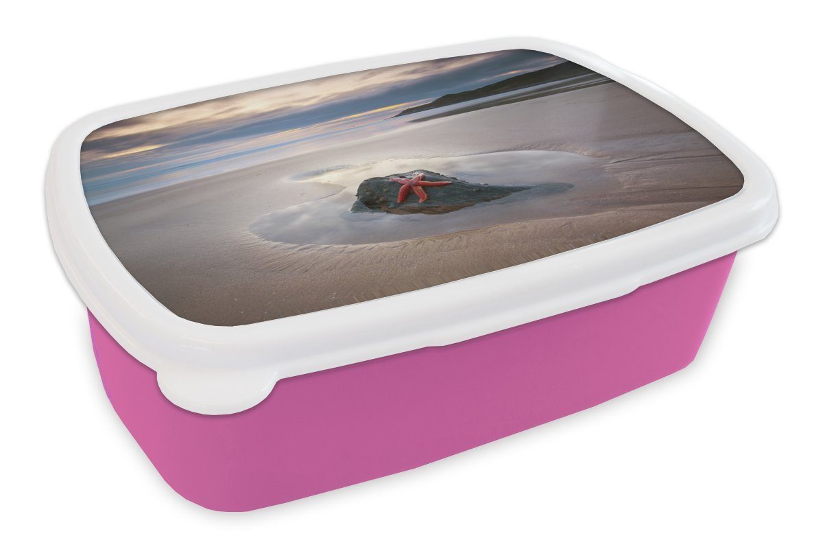 MuchoWow Lunchbox Seestern - Strand - Sonne, Kunststoff, (2-tlg), Brotbox für Erwachsene, Brotdose Kinder, Snackbox, Mädchen, Kunststoff rosa