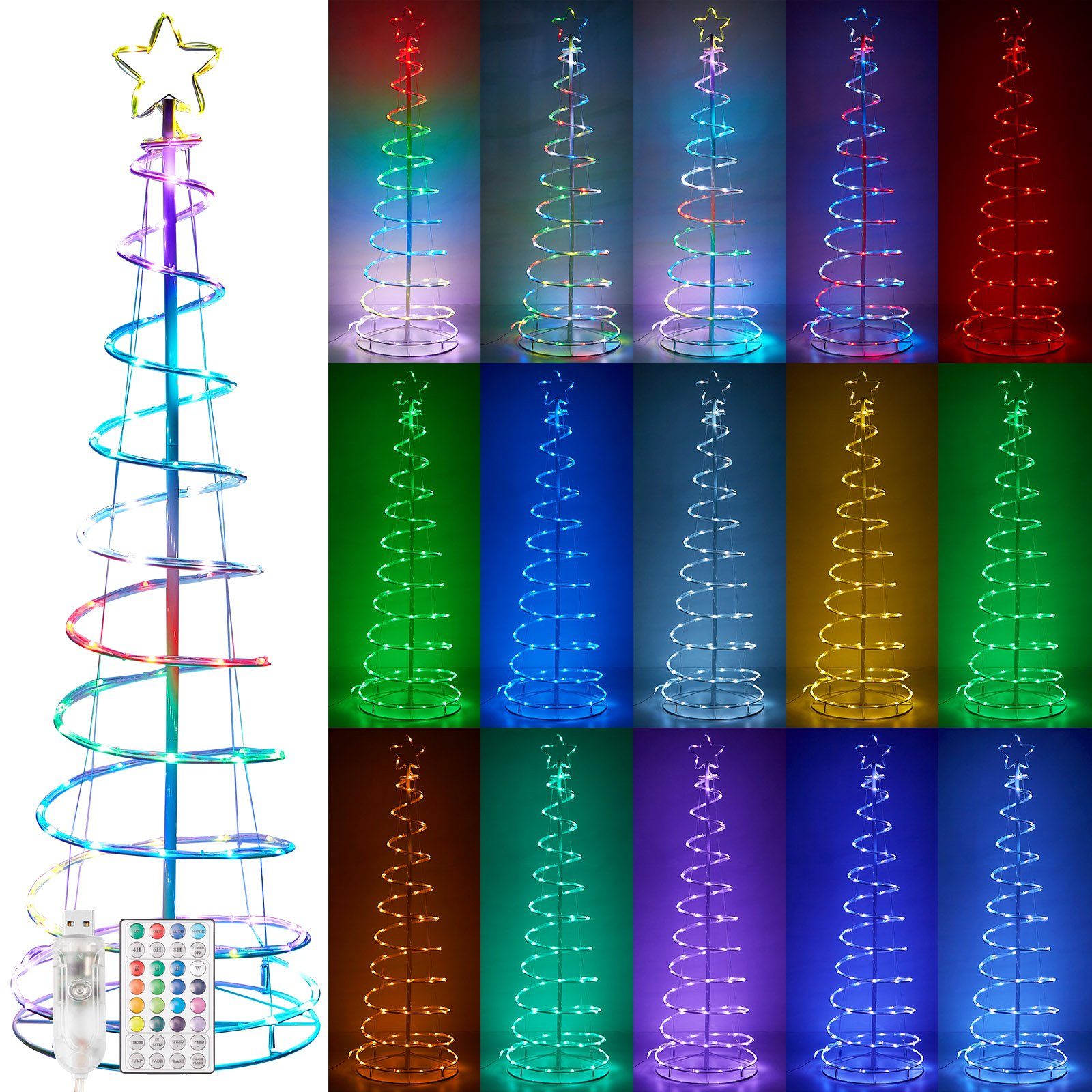 Merry 2024 Christbaumschmuck LED Baum Weihnachtsbaum,LED Lichterbaum Lichterkette, RGB, 8 Modi, Timer,Faltbar,Christbaumbeleuchtung,Weihnachtsdeko