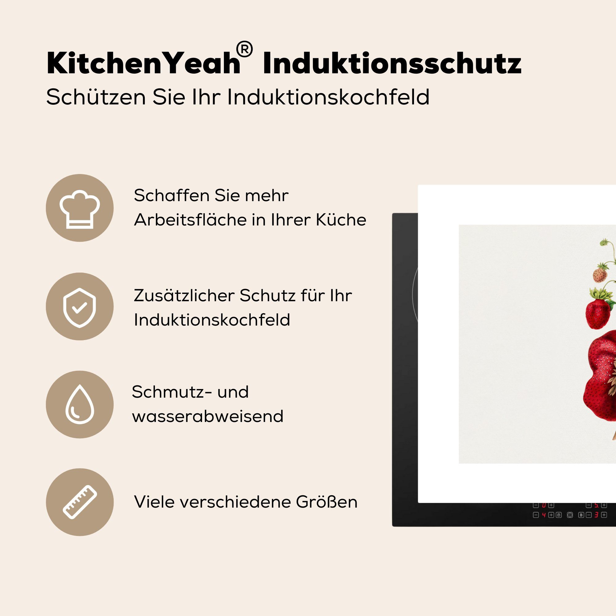 MuchoWow Herdblende-/Abdeckplatte Erdbeeren küche, Induktionskochfeld cm, - (1 Pflanze, 81x52 für - Schutz die Vinyl, tlg), Ceranfeldabdeckung Obst