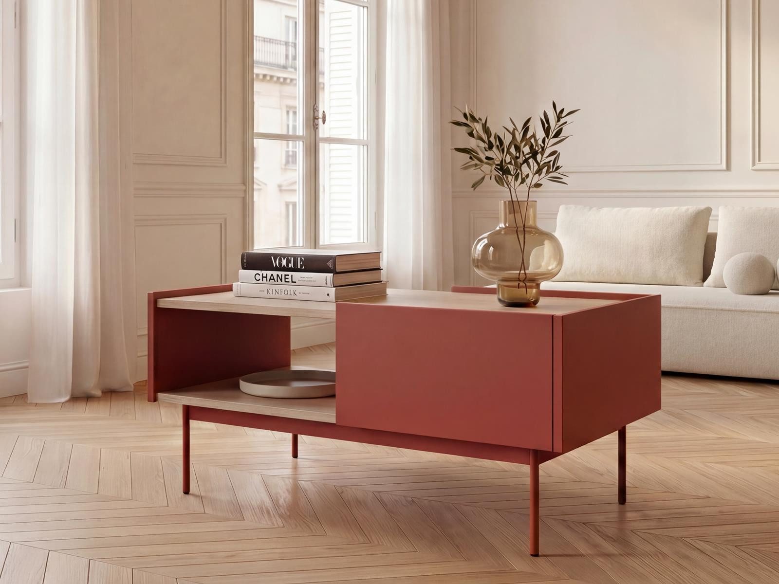 Compleo Couchtisch ZOTI mit 2 Schubladen, Scandi, Füße aus Metall, Rot oder Beige