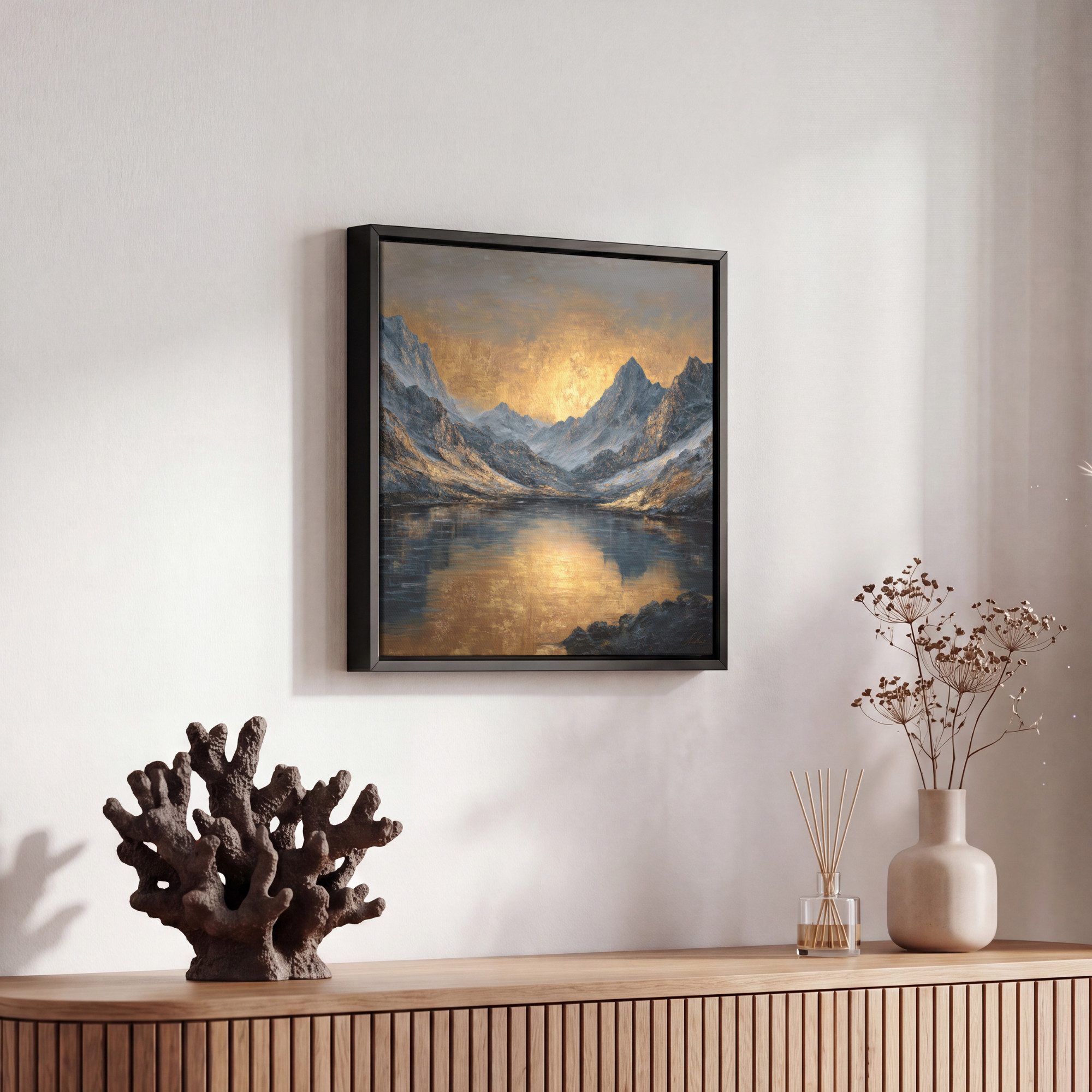 OneMillionCanvasses® Leinwandbild mit Rahmen - Bergkulisse mit goldenem Sonnenuntergang, Fotodruck (1 St), Leinwand Bilder Klein, Wand Dekoration Aesthetic 20x2 – Bild 5 von 5