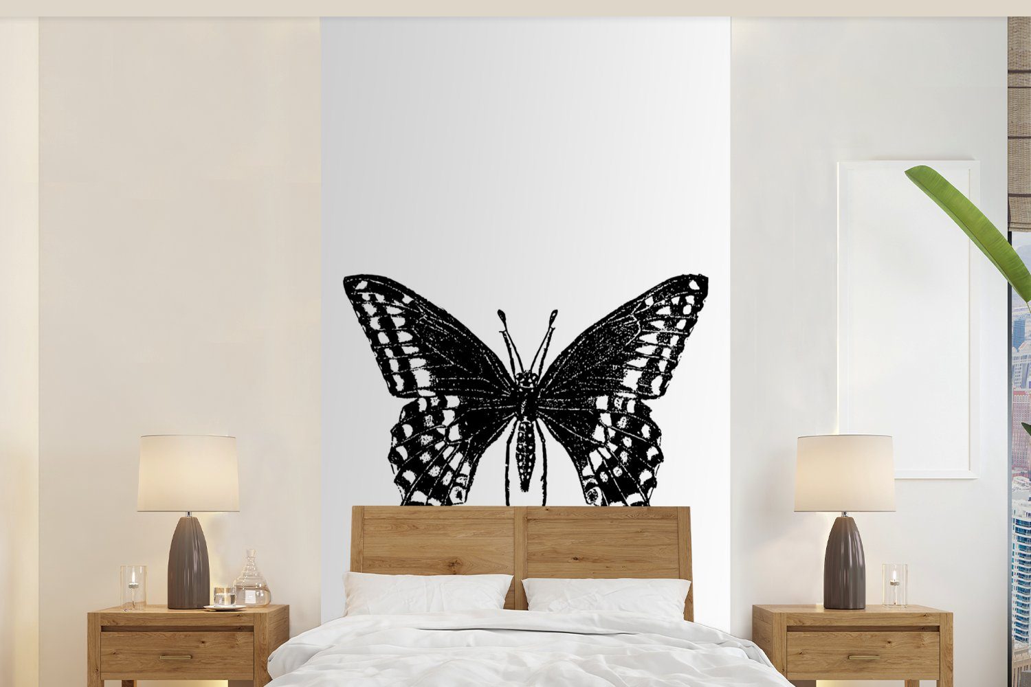 MuchoWow Fototapete Schmetterling - Tiere - Retro - Schwarz und weiß, Matt, bedruckt, (2 St), Vliestapete für Wohnzimmer Schlafzimmer Küche, Fototapete