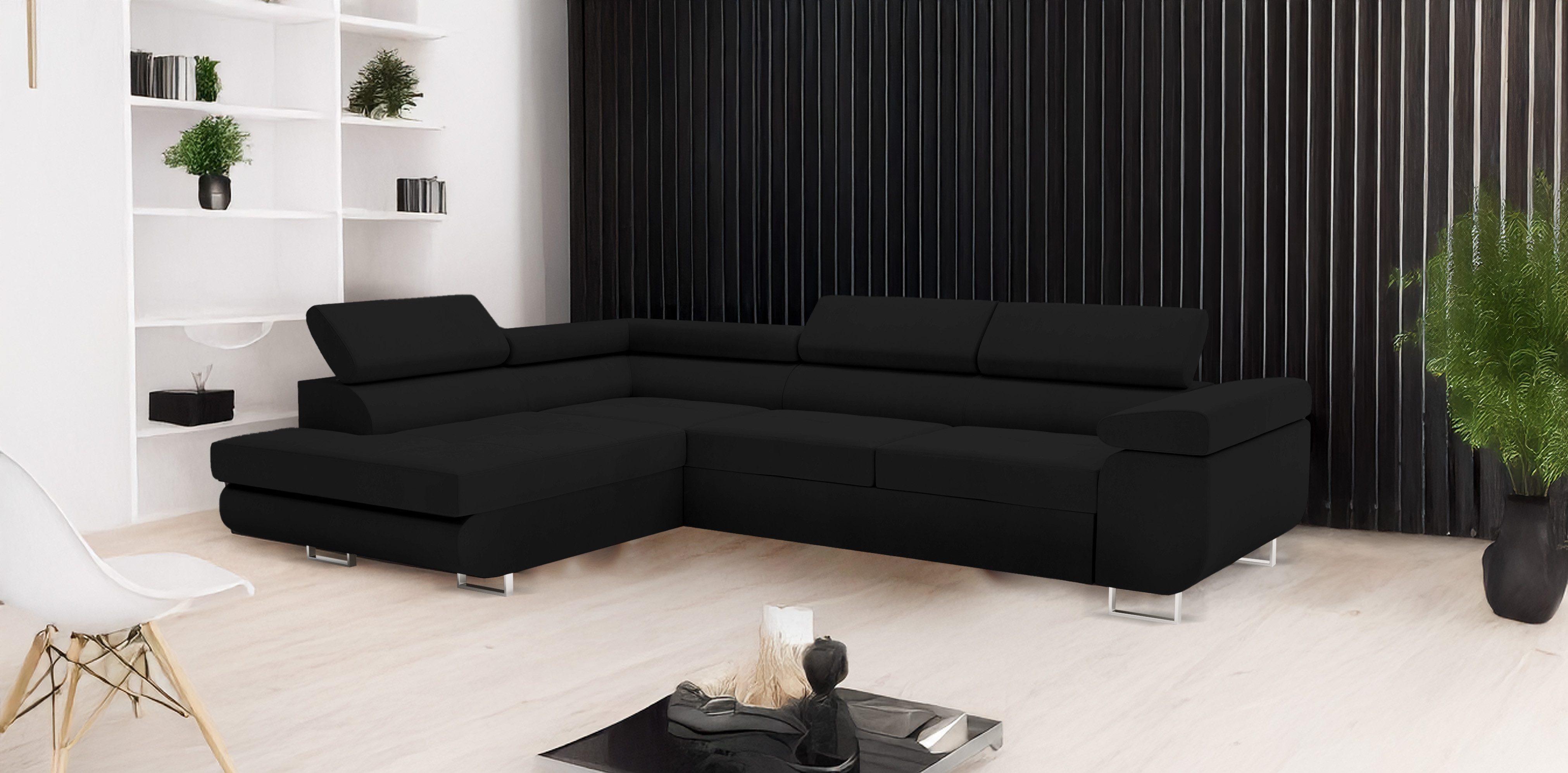 Goldstoff Ecksofa mit Schlaffunktion & Bettkasten - hochwertiges Sofa, Couch mit Schlaffunktion für Wohnzimmer - Schlafsofa - Eckcouch, Eckcouch mit praktischem Bettkasten in schwarz