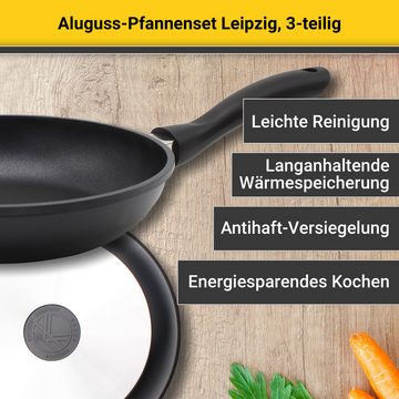 Krüger Pfannen-Set Aluguss Pfannenset LEIPZIG, 3 tlg., Aluminiumguss (Set, 3-tlg., 1x Bratpfanne Ø 20 cm, 1x Bratpfanne Ø 28 cm, 1x Schmorpfanne Ø 24 cm), hochwertige Antihaft-Versiegelung