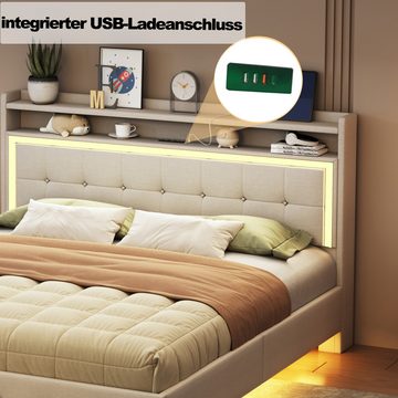 Flieks Polsterbett, LED Doppelbett 140x200cm mit USB-Laden und Stauraum am Kopfteil Leinen