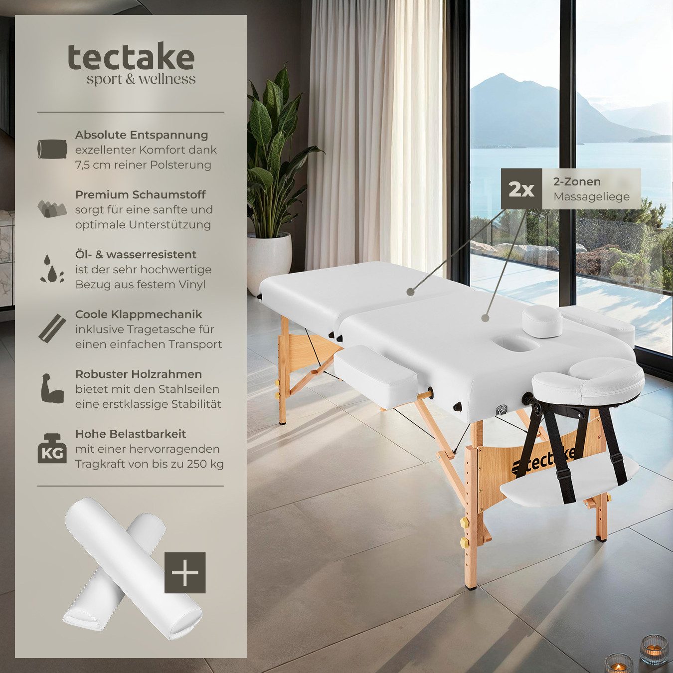 tectake Massageliege 2-Zonen-Liegen-Set 187 x 59 x 65,50 cm, 59 cm breit, 7,5-cm-Polster (Massagebank-Set Suman, 1-St., in weiß), Holz, klapp-/höhenverstellbar, Kopf-/Armablagen, Rollen und Tasche