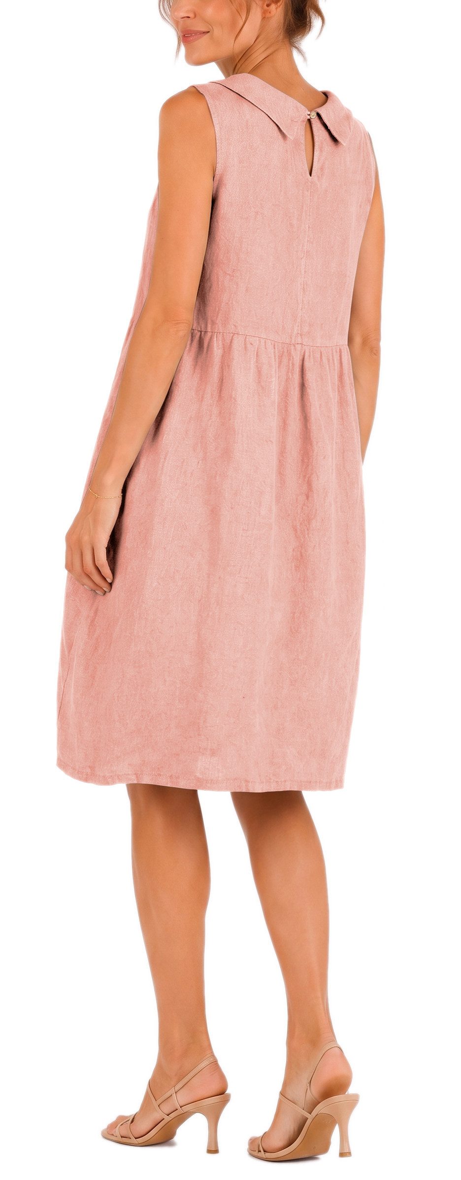 dy_mode Midikleid Damen Leinenkleid Luftiges Midi Sommerkleid Ballonkleid Strandkleid in Unifarbe, Wasserfallkragen, mit seitlichen Eingriffstaschen