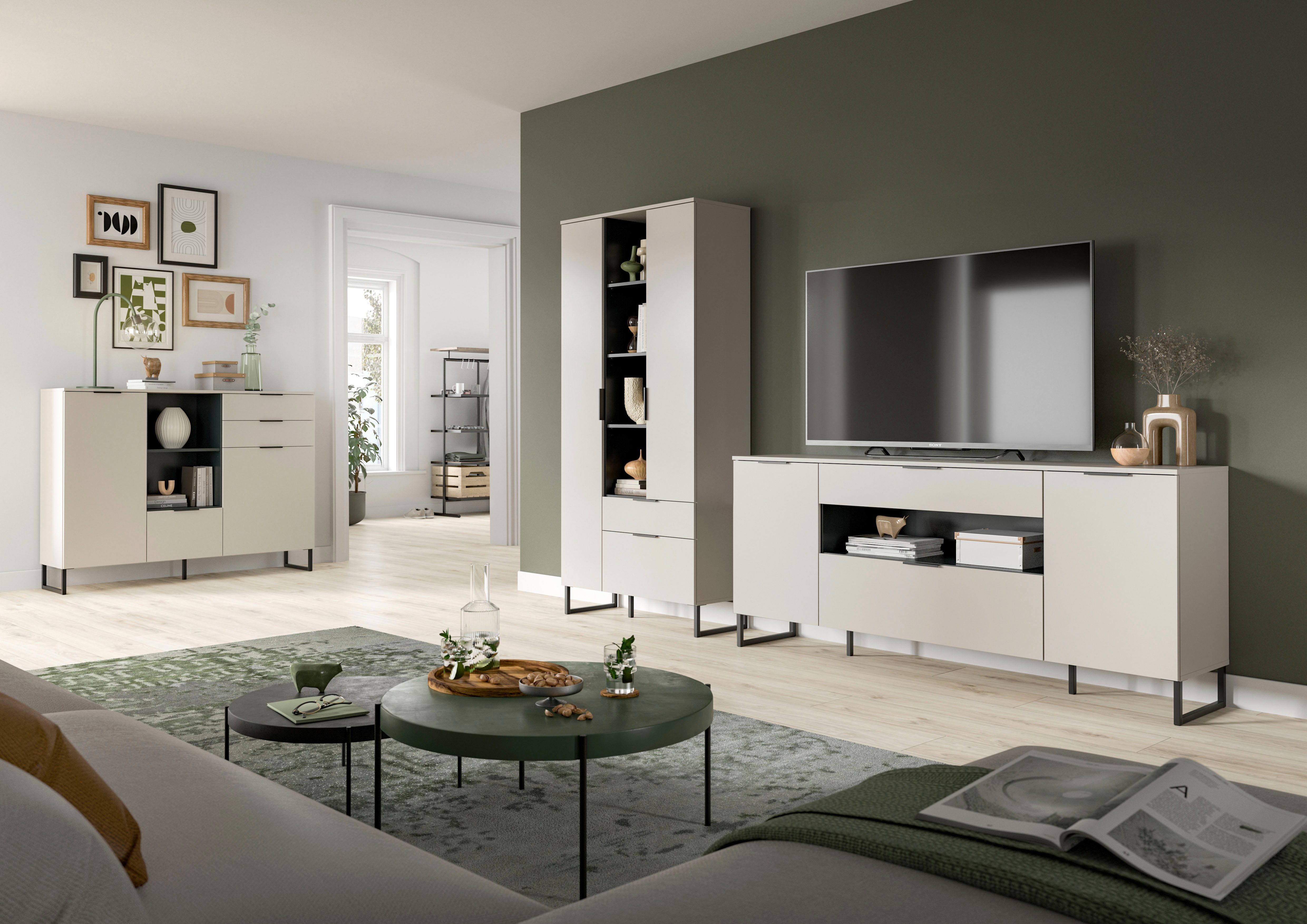 Home affaire Wohnwand ADIO, Breite 290 cm, 2-teiliges Set, mit Metall-Kufenfüße, (Set, 2-St., bestehend aus: Mehrzweckschrank und Sideboard), Kombination, Anbauwand, Set, Wohn-Set, Wohnzimmer-Set, Schrankwand