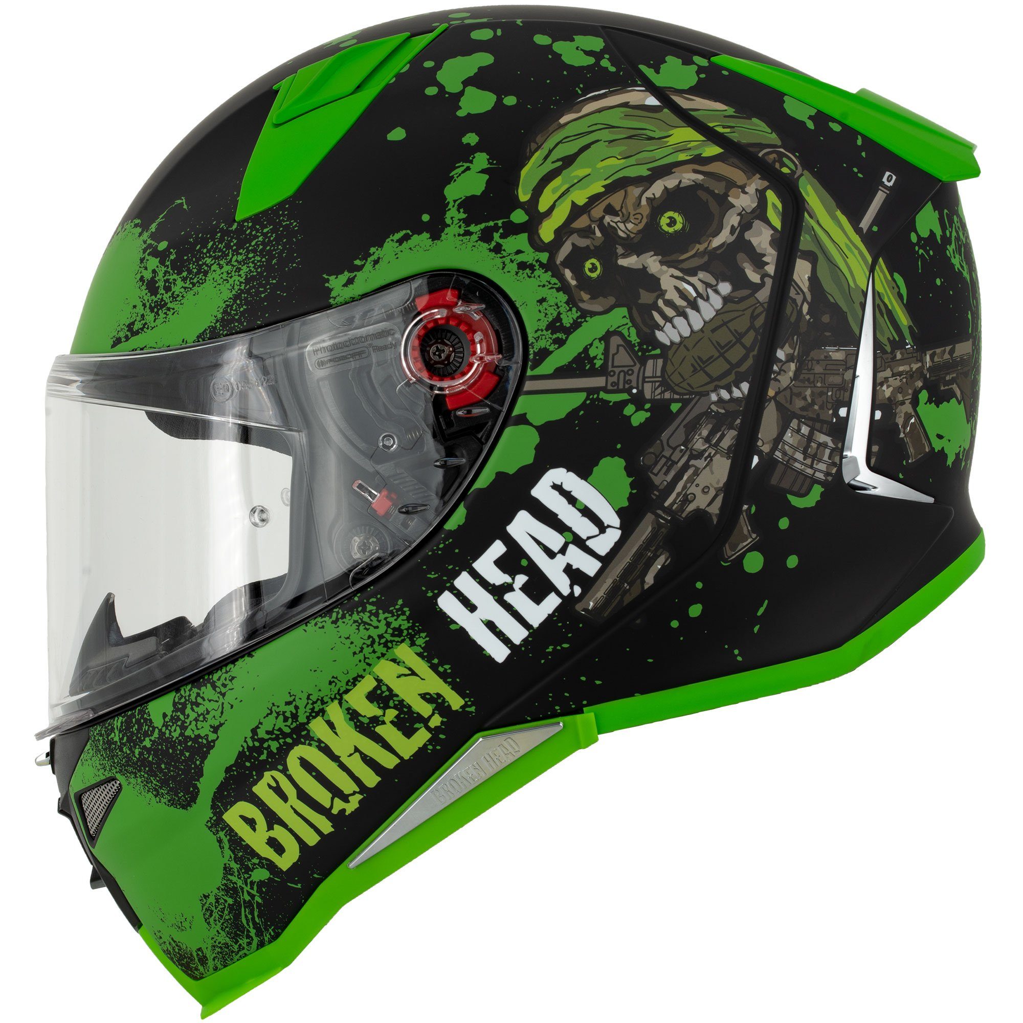 Broken Head Motorradhelm Broken Head Jack S. V2 Pro Grün (mit klarem und grün verspiegeltem Visier), inklusive 2 Visieren, Pinlock vorbereitet