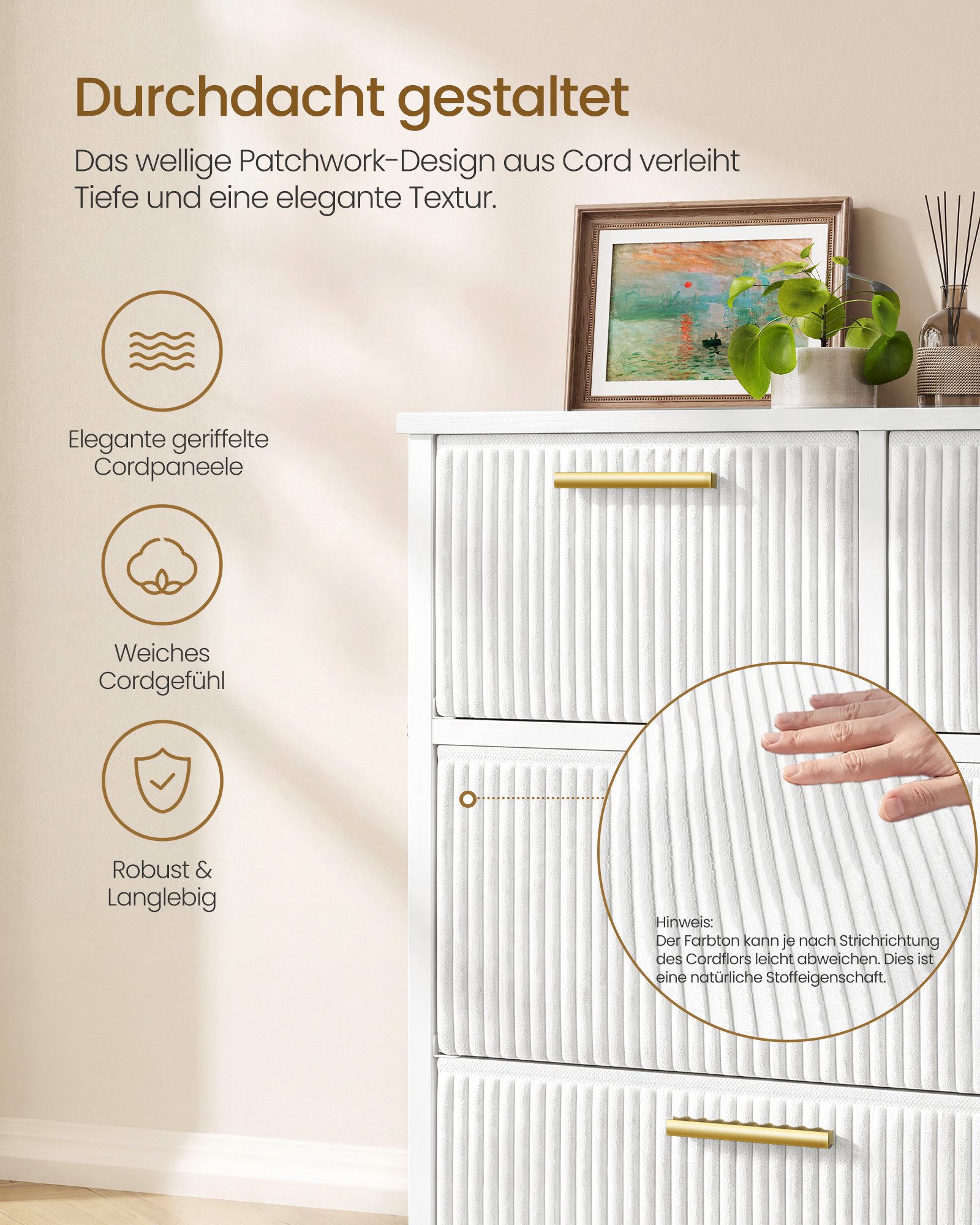 SONGMICS Kommode Wohnzimmerschrank im Cord-Design, Kommode mit 7 Schubladen, 98,7 x 30 x 74,7 cm, Weiß – Bild 2 von 5