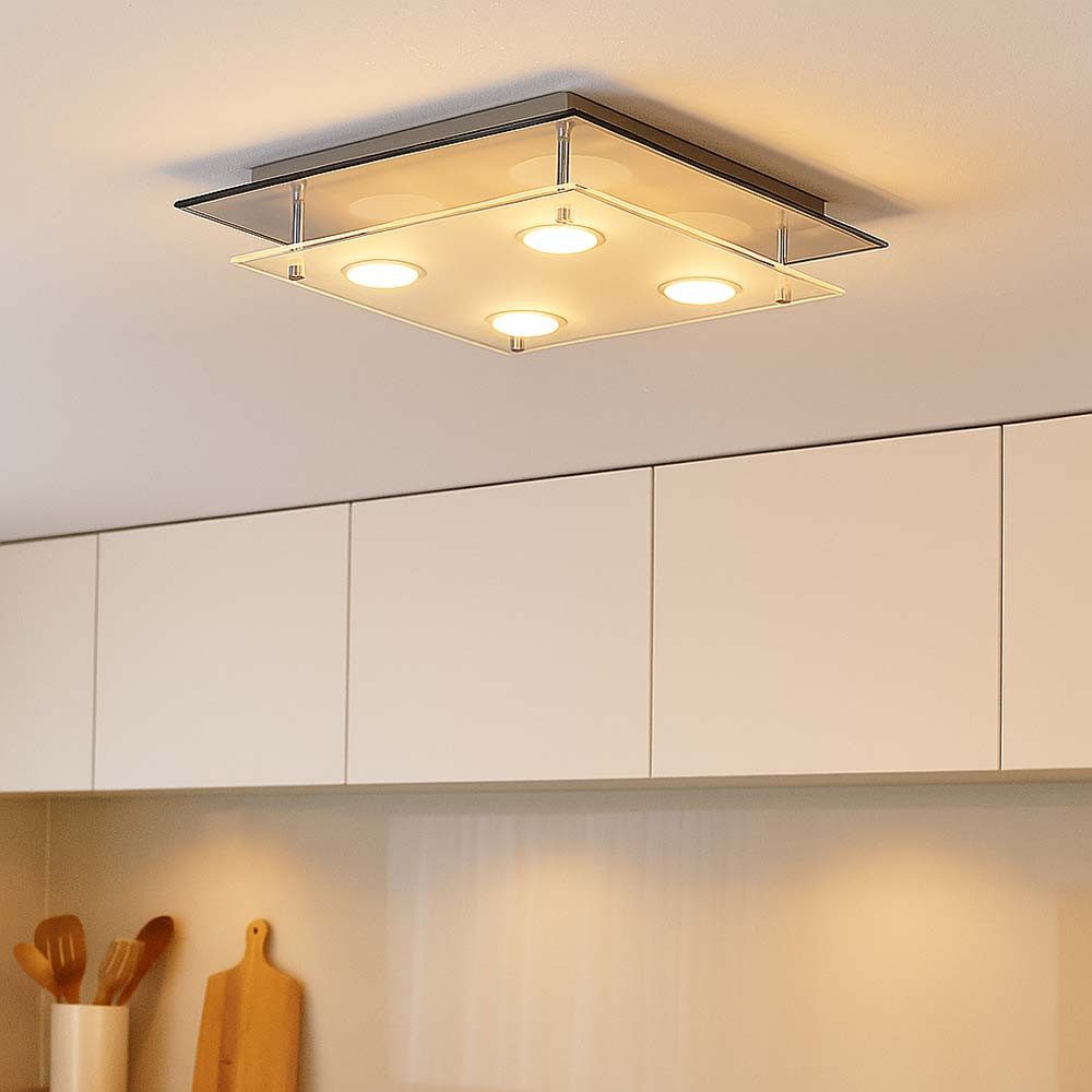 etc-shop LED Deckenleuchte, LED-Leuchtmittel fest verbaut, Warmweiß, LED Deckenleuchte Deckenlampe Glas Chrom satiniert warmweiß L34 cm